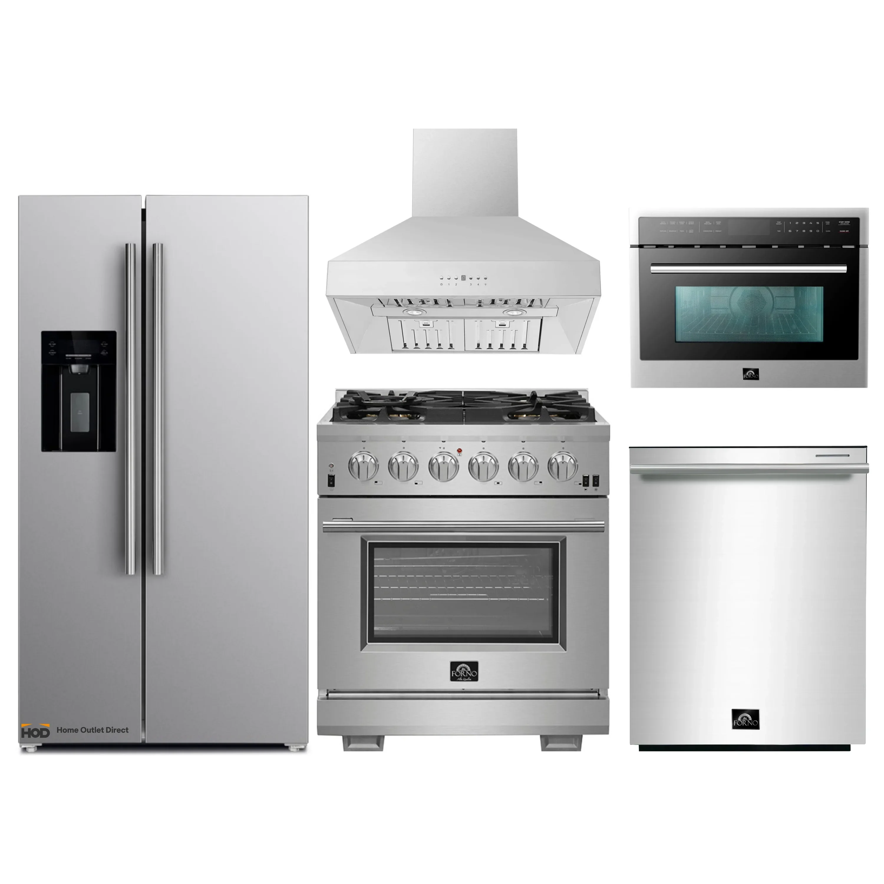 Forno 5-Piece Pro Appliance Package - 30-Inch Gas Range, Refrigerator with Water Dispenser, Wall Mount Hood, 24-Inch Microwave Oven, & 3-Rack Dishwasher in Stainless Steel