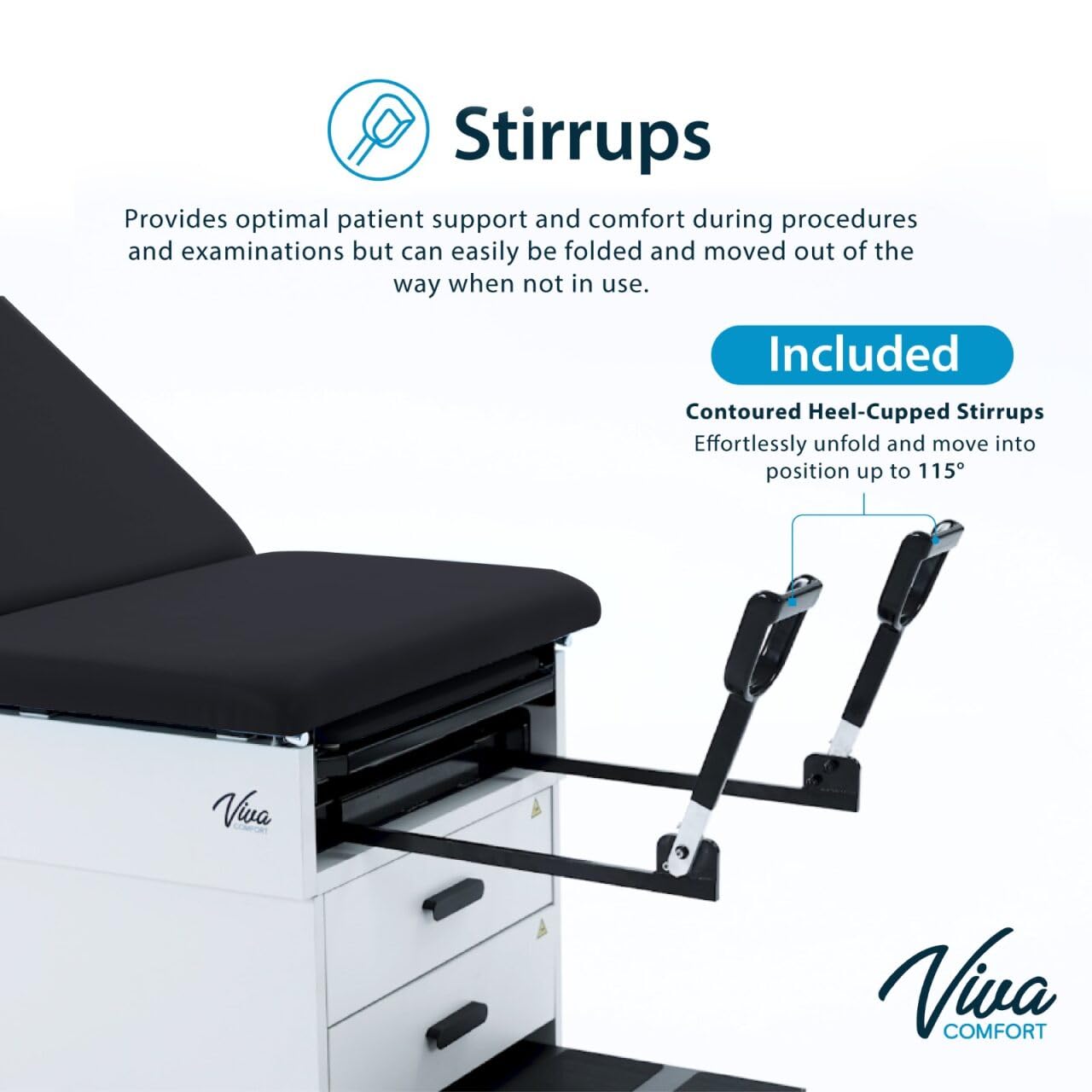 Slim Line Medical Exam Table with Stirrups, Black, 420 lbs Weight Capacity