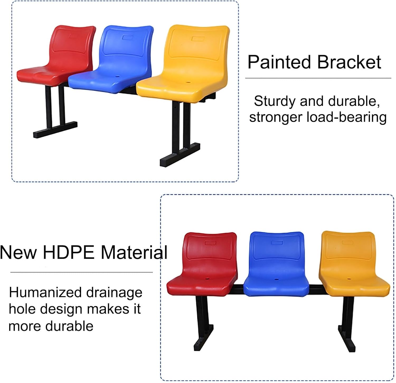 3-Seat Waiting Room Chair Bench, Plastics Reception Bench, Metal Frame, Seat Drain Hole Design, for Airport, Hospital, Bank, Salon, Barbershop,
