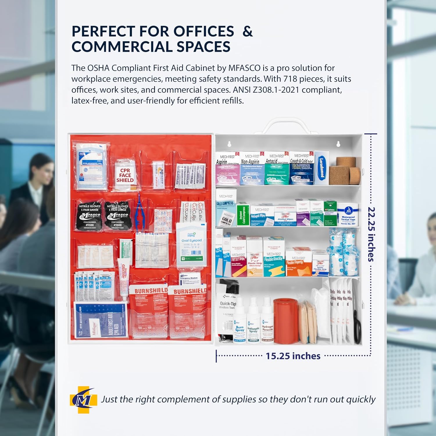 MFASCO Commercial Wall Mount 4 Shelf First Aid Kit - OSHA & ANSI Compliant, Refillable Metal First Aid Cabinet for Businesses, Large First Aid Kit Box for Office and Shop - No Label or Company Logo