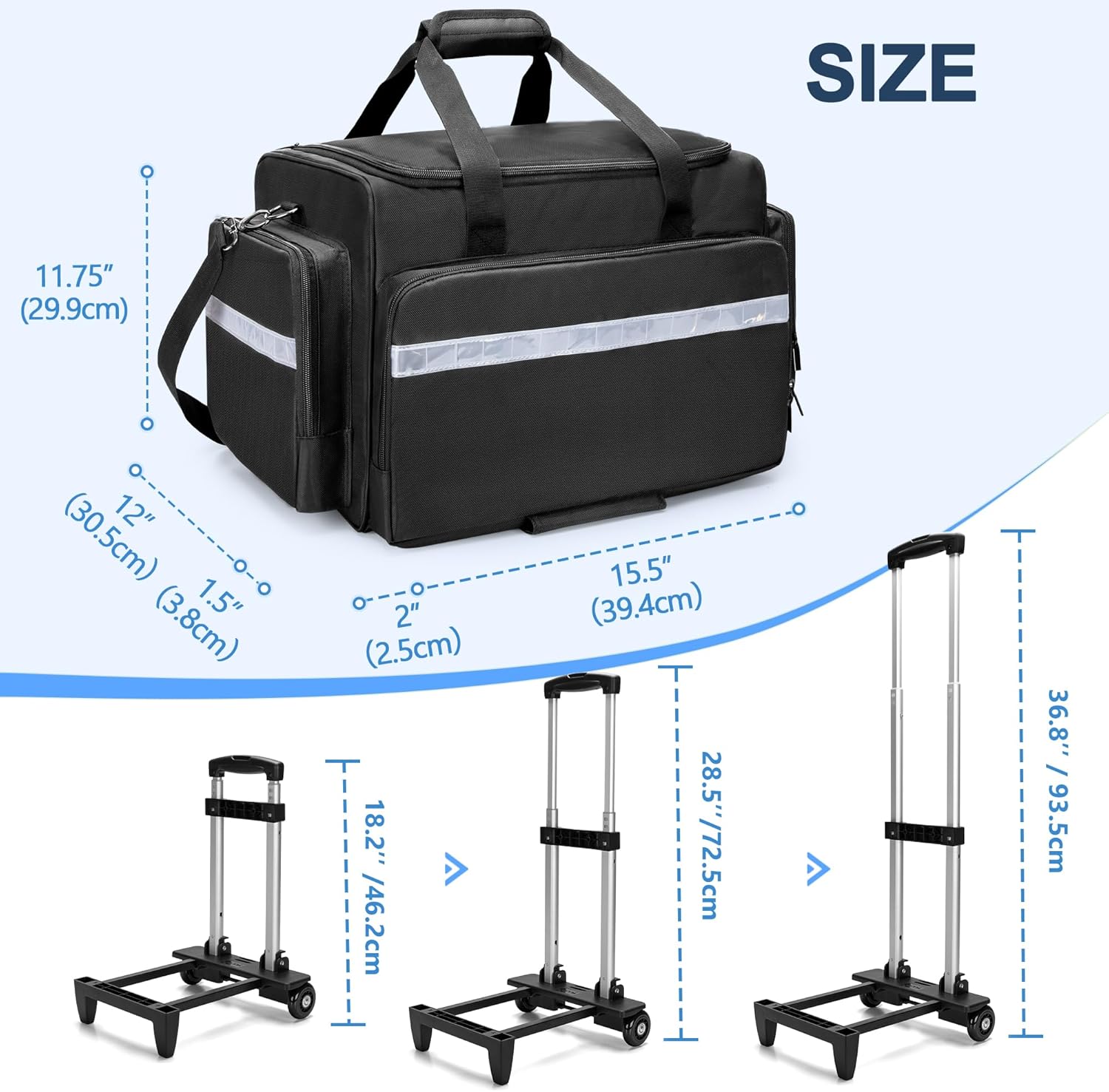 Damero Rolling Medical Bag with Detachable Trolley, Empty Emergency Response Supplies Bag with Removable Dividers, Medical Equipment Storage Bag for Home Health Nurses, Doctors, EMT, EMS, Black