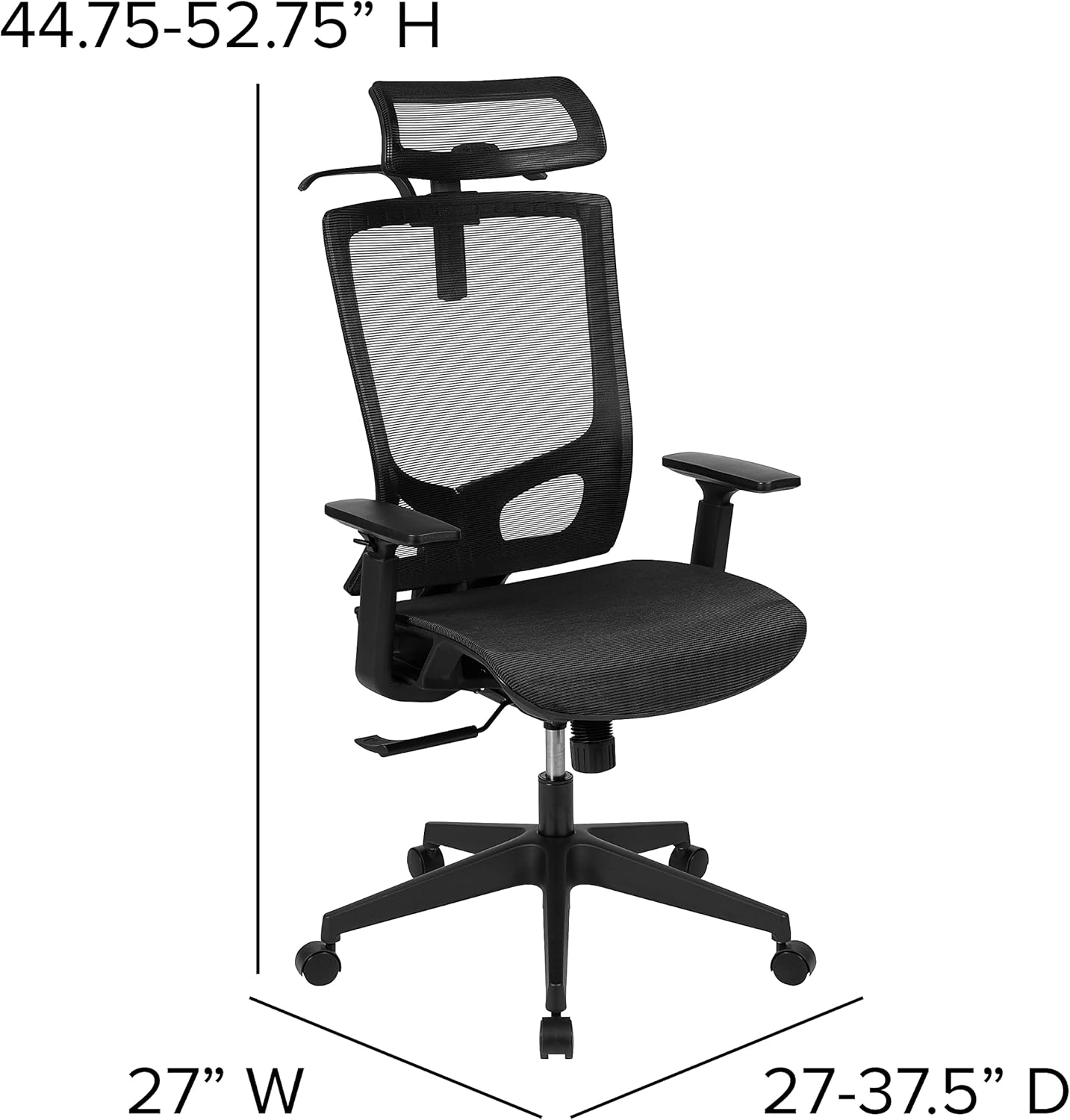 Flash Furniture Layla Ergonomic Mesh Office Chair with Synchro-Tilt, Pivot Adjustable Headrest, Lumbar Support, Coat Hanger and Adjustable Arms in Black