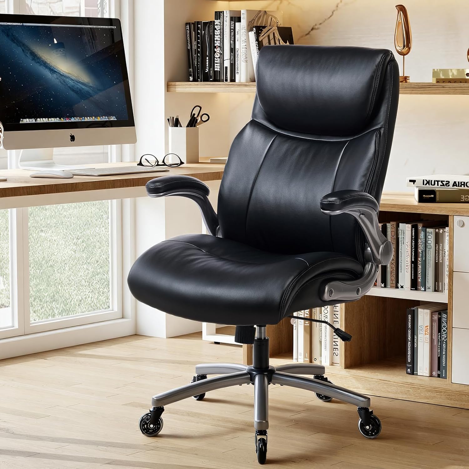 Ergonomic High-Back Executive Office Chairs, Heavy Duty Home Computer Chair with Lumbar Support, Flip-Up Arms, and PU Leather Upholstery, Black