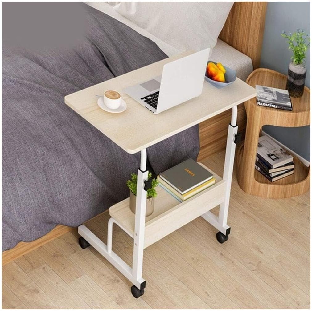 Adjustable Overbed Table with Wheels, Mobile Laptop Desk with Steel Frame, 2-Tier Side Table for Bedside, Office, Home Use(60x40cm)