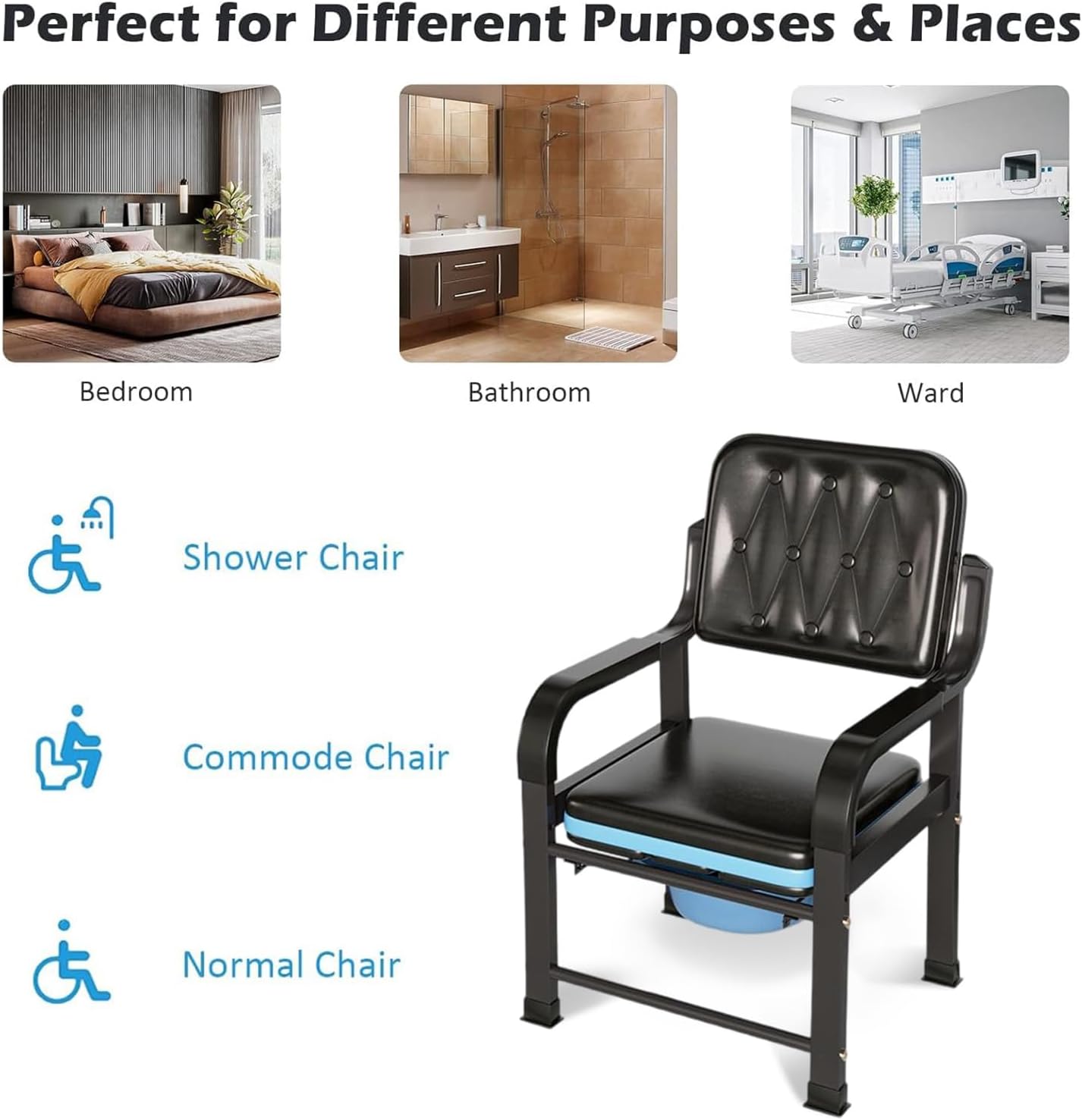 Bedside Commode Chair, Elderly Mobile Toilet Stool, Adjustable Height Bedside Commodes for Seniors, Pregnant Women, with Padded Backrest, Arm Support