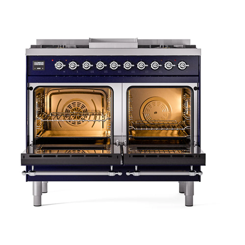 ILVE 40-Inch Nostalgie II Dual Fuel Range with 6 Burners, Griddle and Solid Door Oven in Midnight Blue with Chrome Trim (UPD40FQNMPMBC)