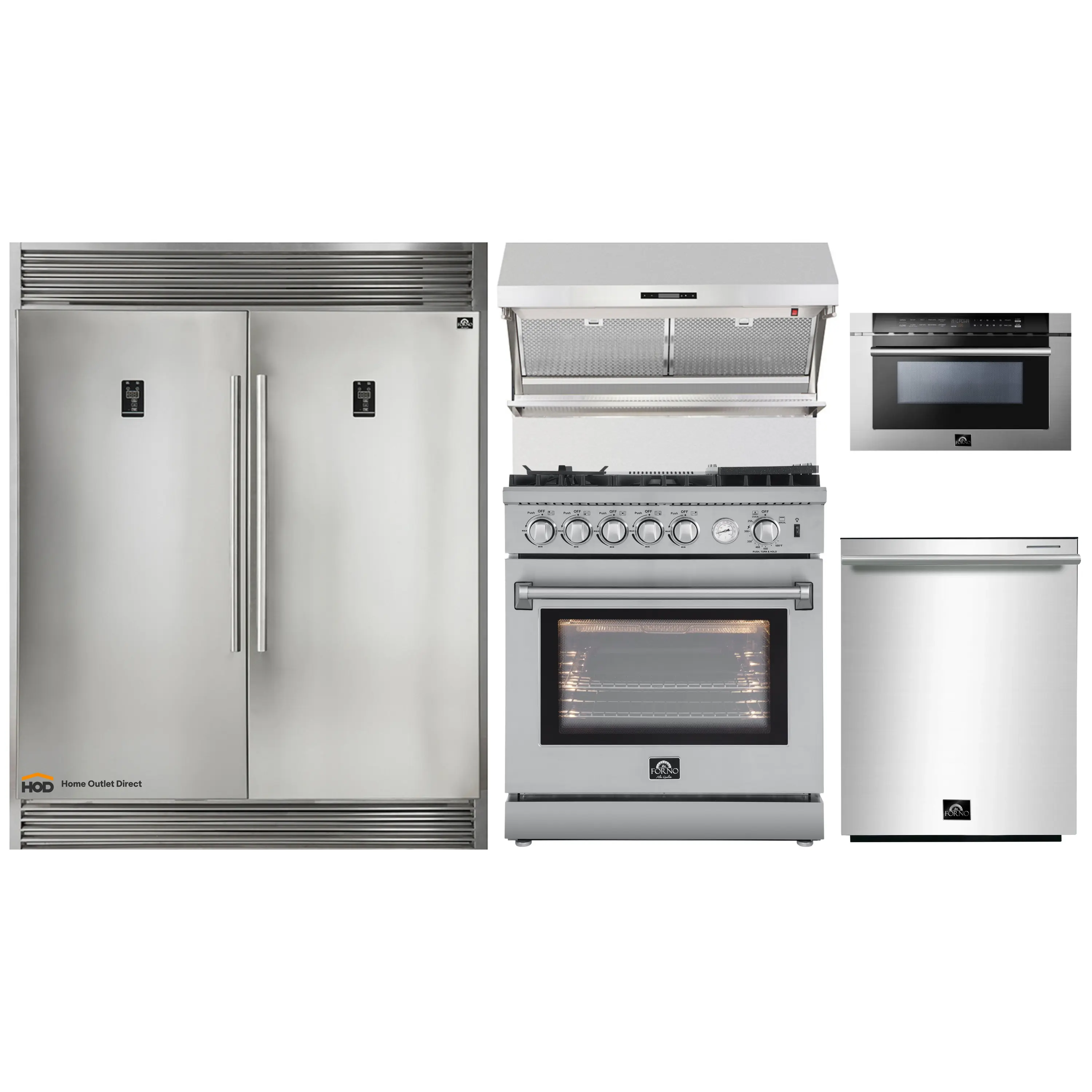 Forno 5-Piece Appliance Package - 30-Inch Gas Range with Air Fryer, 60-Inch Pro-Style Refrigerator, Wall Mount Hood with Backsplash, 24-Inch Microwave Drawer, & 3-Rack Dishwasher in Stainless Steel