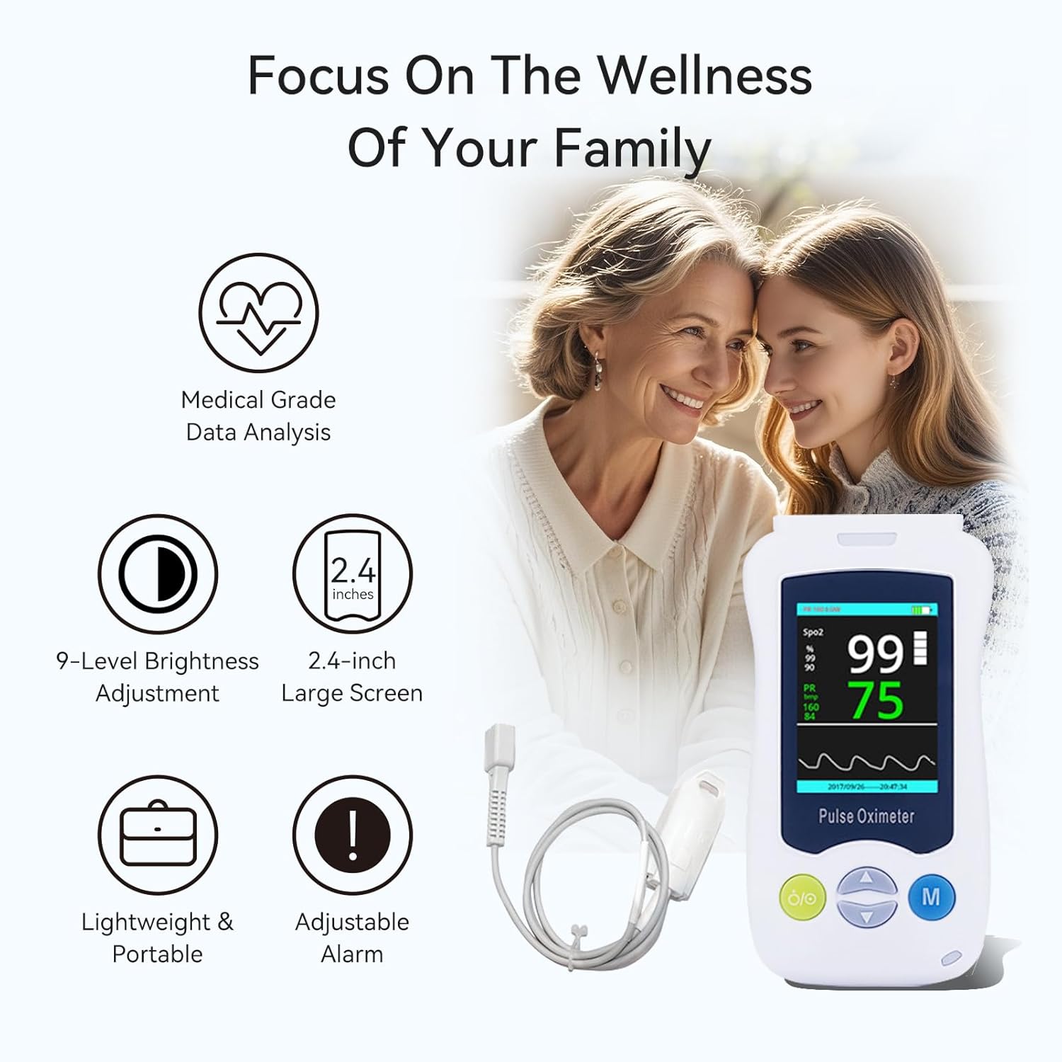 Continuous Pulse Oximeter Fingertip, Medical Grade Accuracy Fast Reading SpO2 Pulse Rate Blood Oxygen Saturation Monitor Handheld 500 Data Storage Overnight Pulse Oximeters with Adjustable Alarm