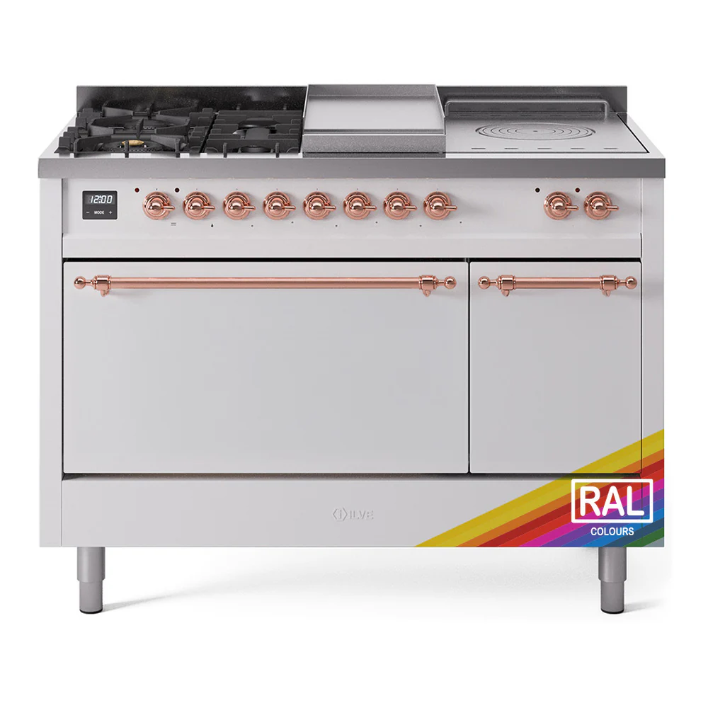 ILVE Nostalgie II 48-Inch Dual Fuel Range with 5 Burners, Griddle, & French Top, with Solid Door Oven in Custom RAL with Copper Trim (UP48FSQNMPRAP)