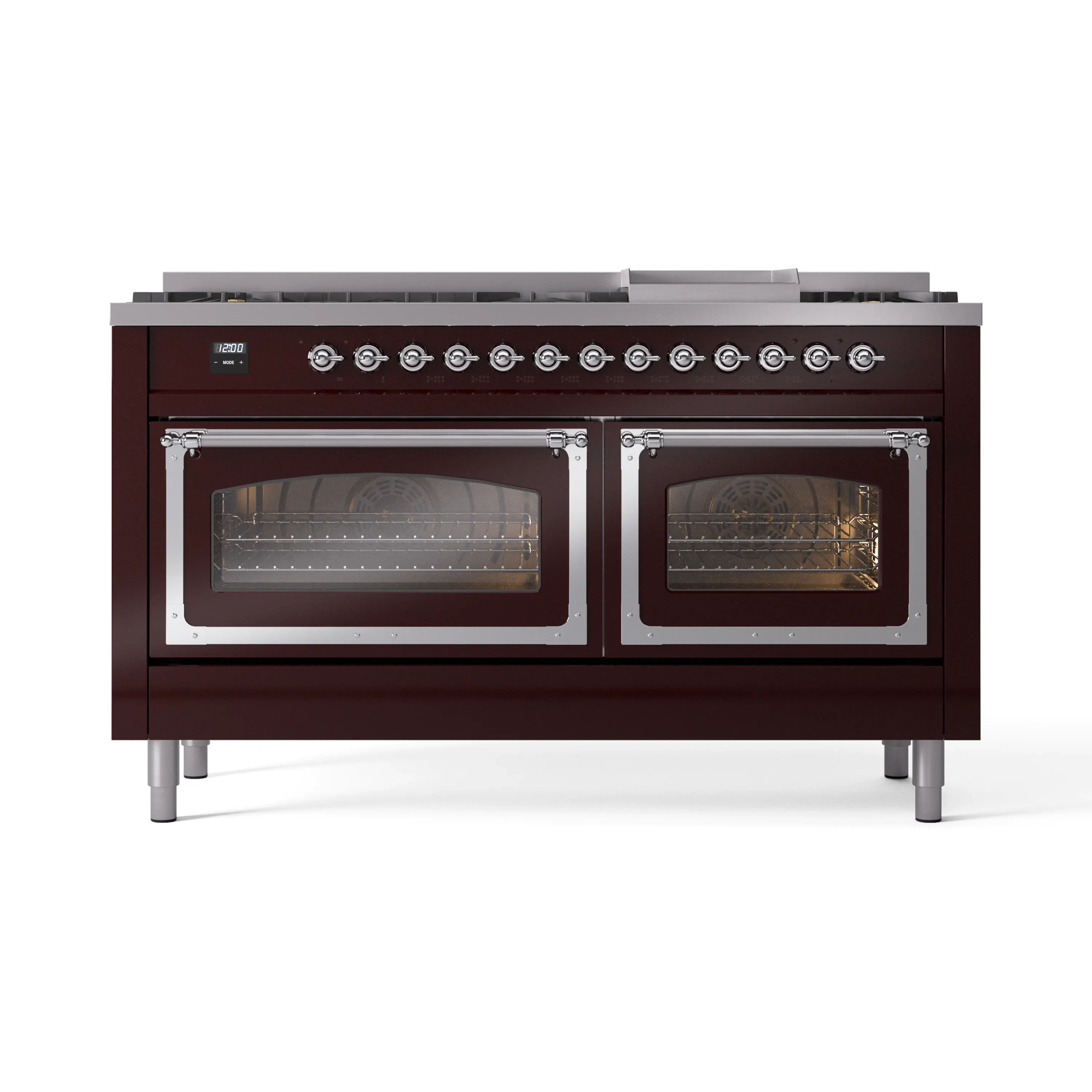 ILVE 60-Inch Nostalgie II Noblesse Dual Fuel Range with 9 Sealed Burners, Griddle, Triple Glass Door Oven in Burgundy with Chrome Trim (UN60FNMPBUC)