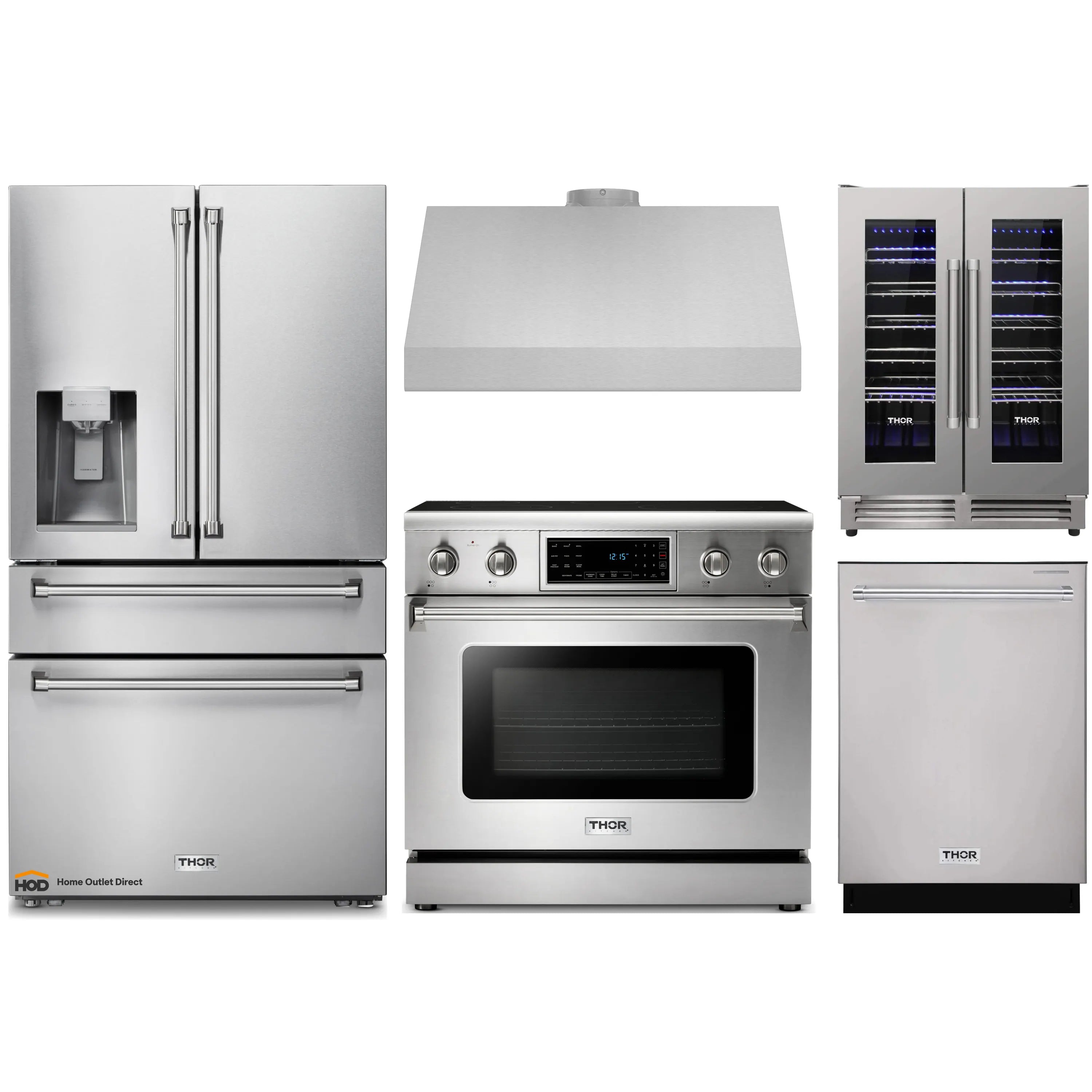 Thor Kitchen 5-Piece Appliance Package - 36-Inch Electric Range with Tilt Panel, Refrigerator with Water Dispenser, Under Cabinet Hood, Dishwasher, & Wine Cooler in Stainless Steel