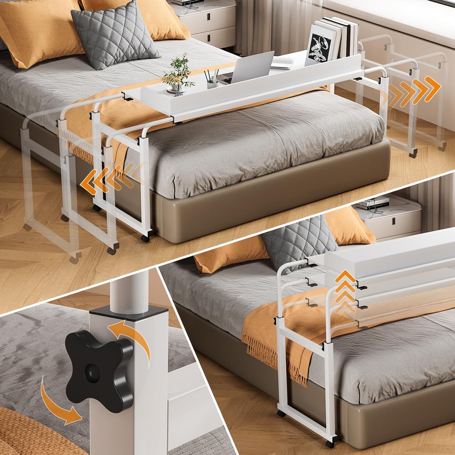 Overbed Table with Wheels | Overbed Desk with Adjustable Length and Height,Rolling Laptop Desk Heavy Duty Laptop Table for Hospital and Home,Rolling Over-The-Bed Laptops Desks (White)