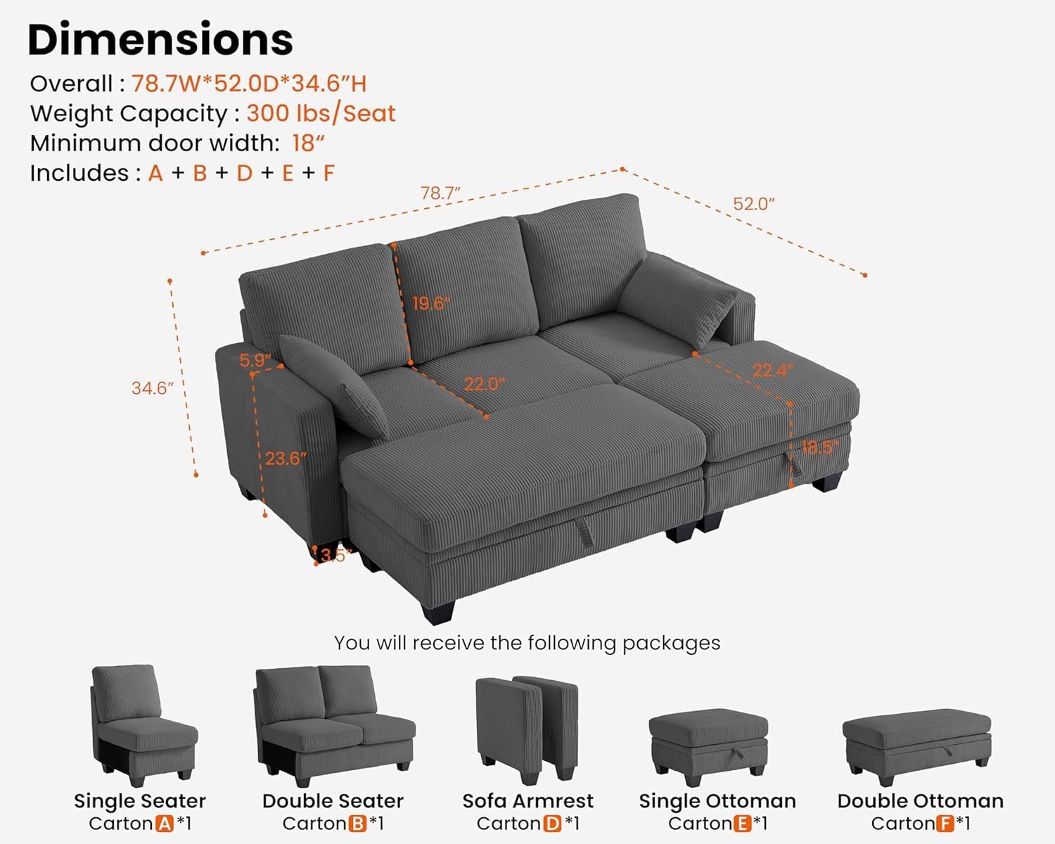 CHIC HOUSE Corduroy Modular Sectional Couch with Ottoman Chaise, L/U Shaped Sleeper Sofa for Living Room, Apartment, Lounge, Modern Armrest Neck Support Furniture (6 Seater Sleeper, Dark Grey)