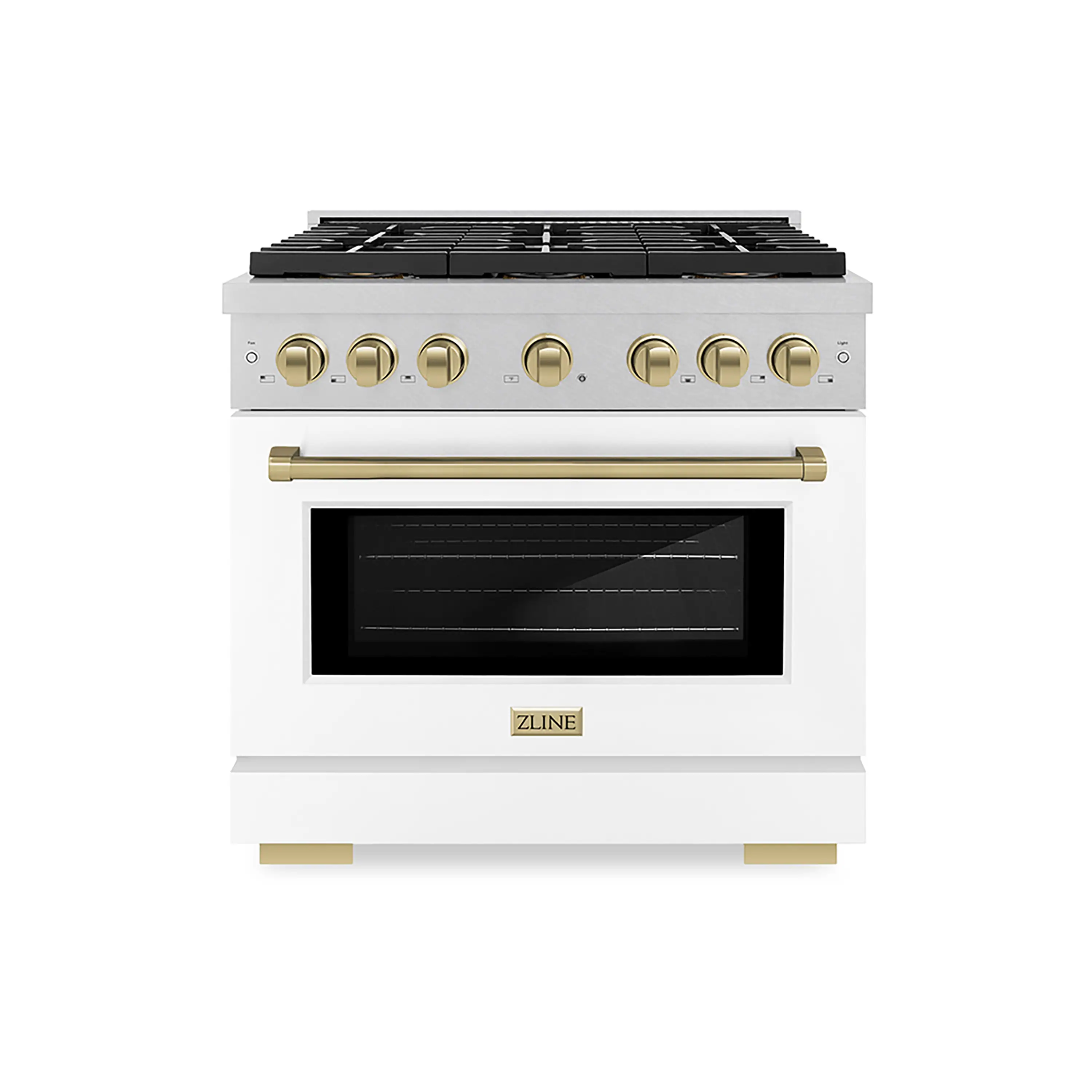 ZLINE Autograph Edition 36-Inch 5.2 cu. ft. Paramount Gas Range with 6 Burner DuoPro鈩?Cooktop and Convection Gas Oven in Satin Stainless Steel with White Matte Door and Champagne Bronze Accents (PSGRSZ-WM-36-CB)