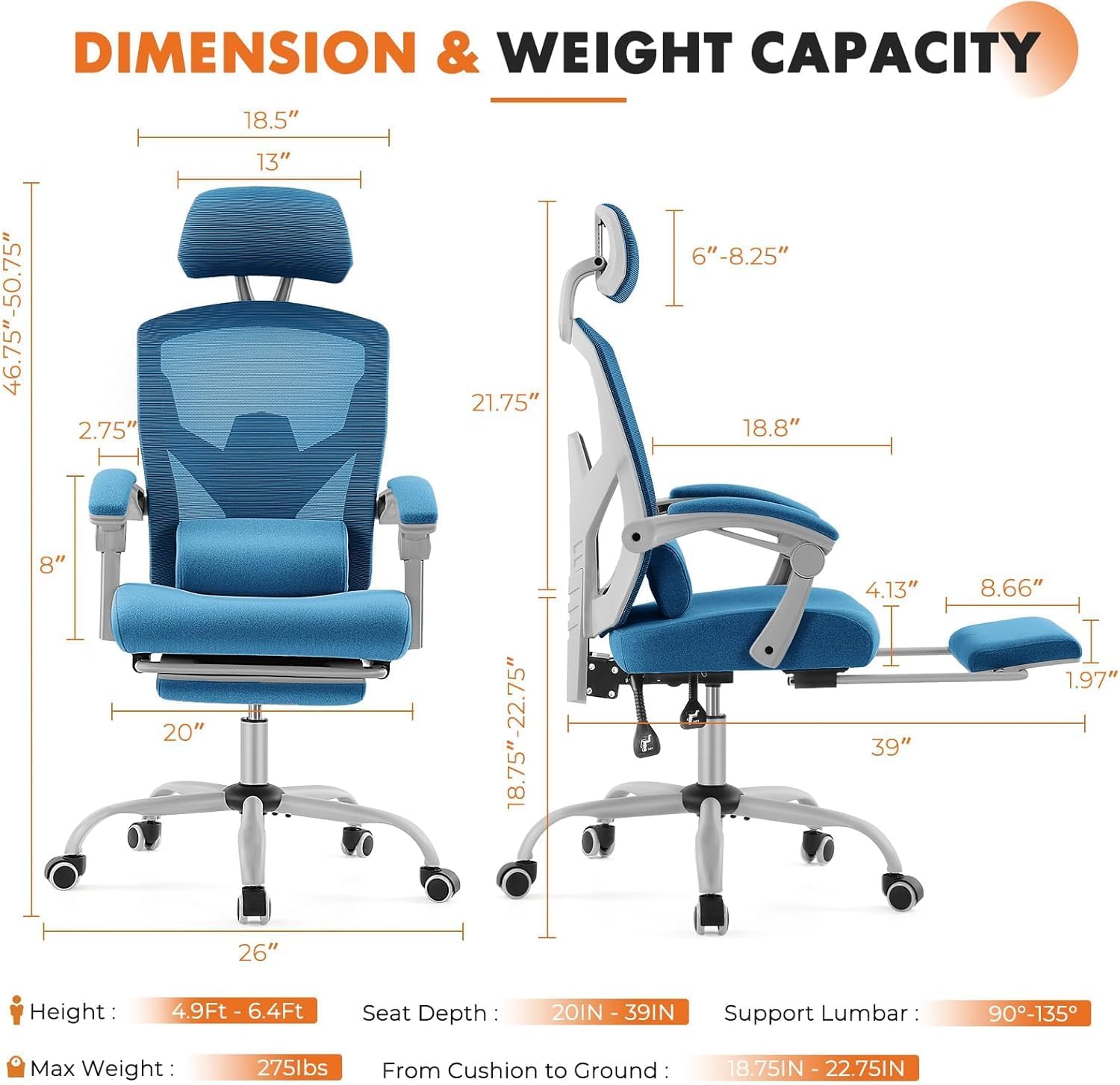 Sweetcrispy Office Computer Desk Chair Set of 2, Ergonomic High-Back Mesh Rolling Work Swivel Chairs with Wheels, Comfortable Lumbar Support, Comfy Arms for Home, Bedroom, Study, Student, Blue