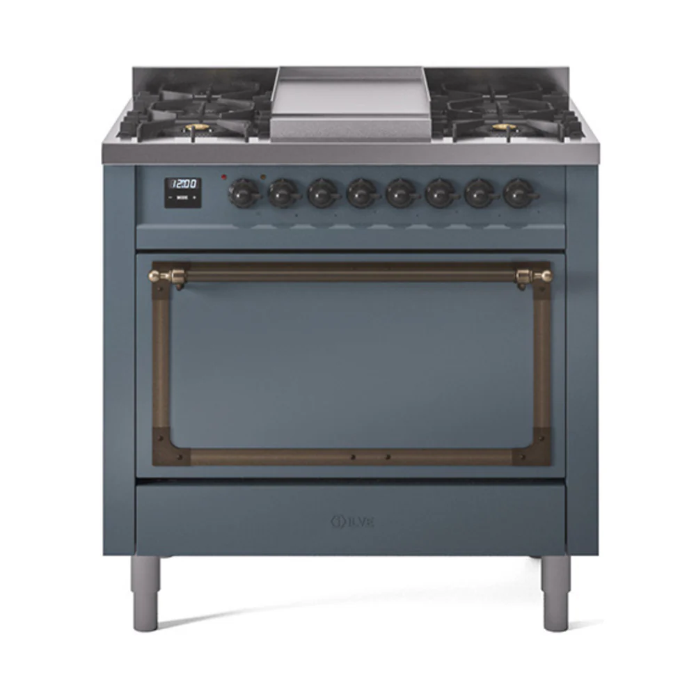 ILVE Nostalgie II Noblesse 36-Inch Dual Fuel Range and Solid Door Oven in Blue Grey with Bronze Trim (UN36FQNMPBGB)