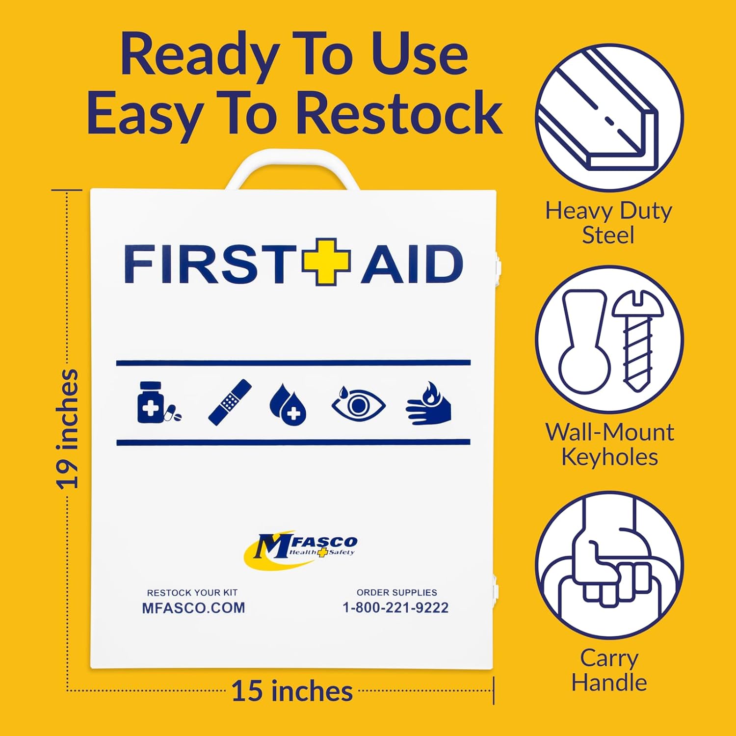 MFASCO 2021 ANSI/OSHA Compliant First Aid Kit - Large, Wall Mountable - with Medications - ANSI Standard 2021 First Aid Kits, Class B Fill, Commercial 3-Shelf Metal Cabinet for Businesses