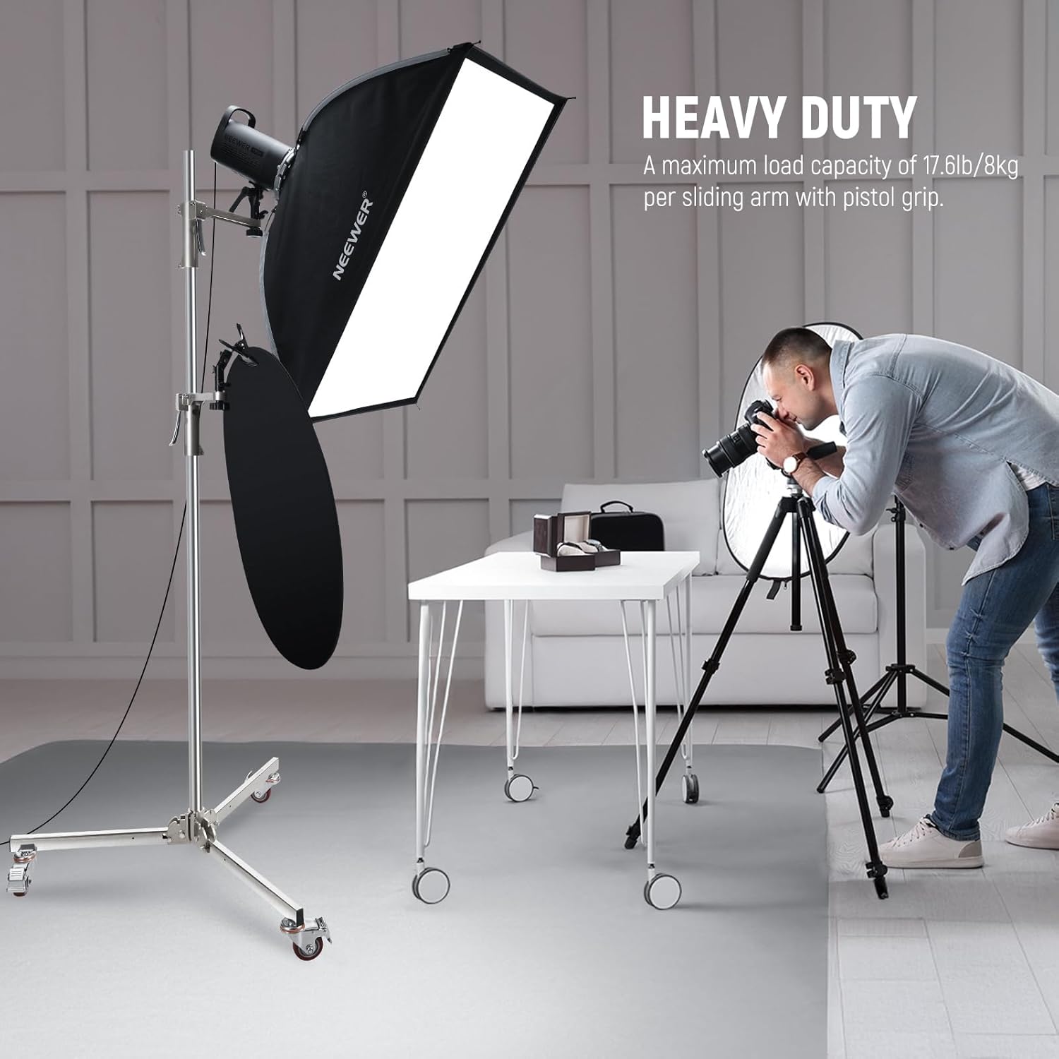 NEEWER 6.5ft/198cm Stainless Steel Light Stand, Heavy Duty Tripod Stand with Caster Wheels, 2 Sliding Arms with Pistol Grip, Folding Leg for Photography Softbox Monolight, Max. Load 35lb/16kg, ST198SS