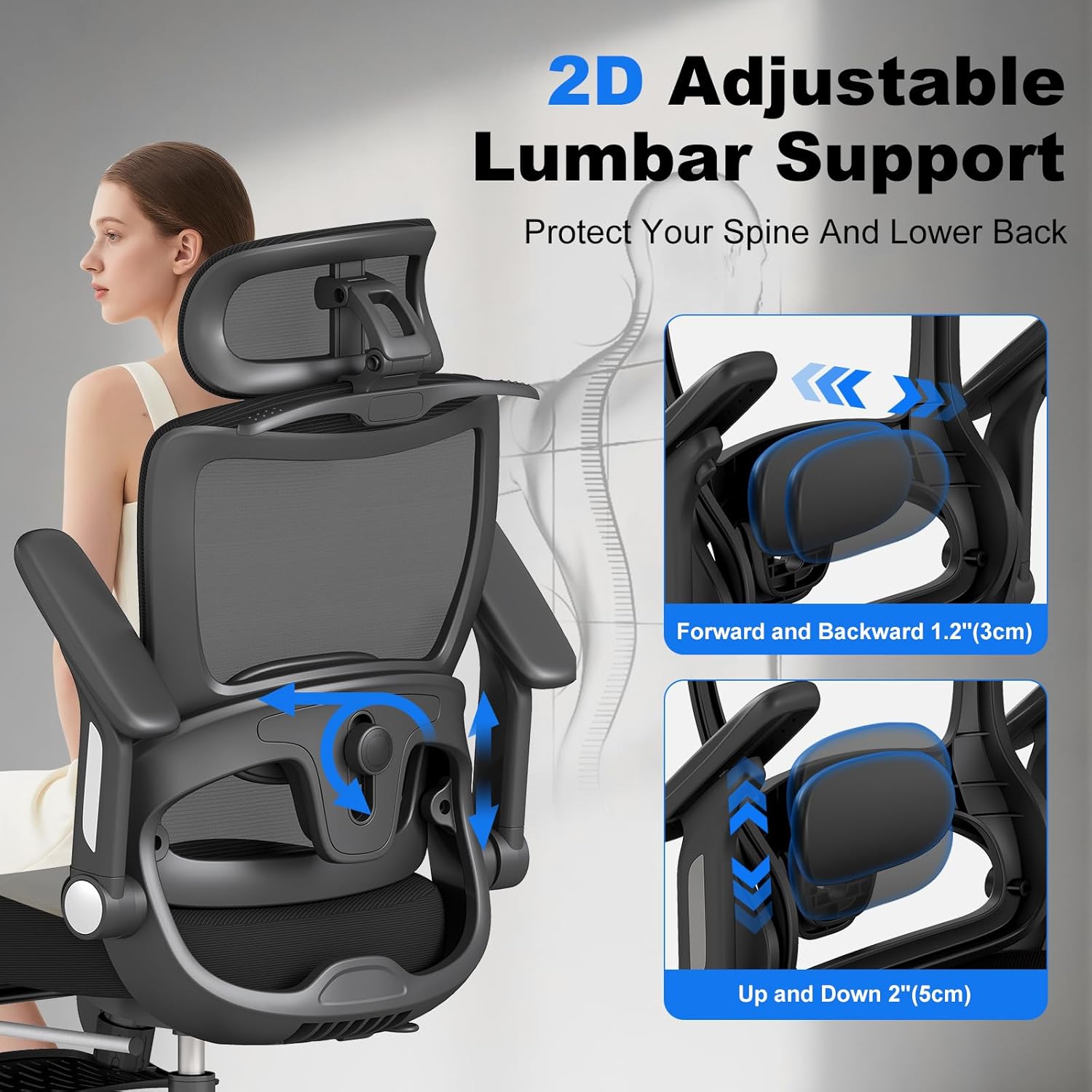 ZZH Ergonomic Office Chair with Footrest, High Back Home Desk Chair with Adjustable Lumbar Support, Headrest, Flip-Up Arms, 90-135° Tilt Lock, Big and Tall Mesh Computer Seating with Wheels