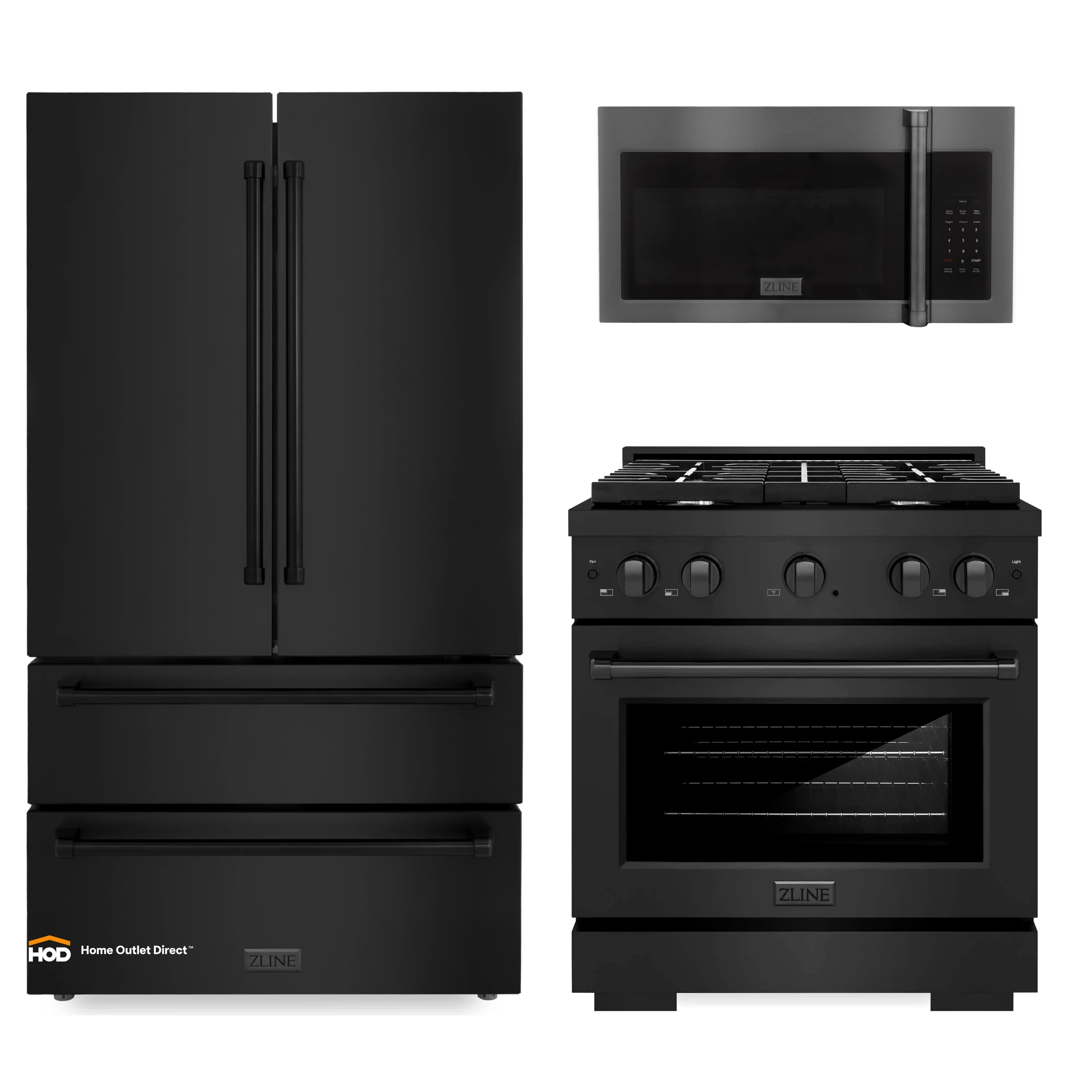 ZLINE 3-Piece Appliance Package - 30-inch Gas Range, 36-inch Refrigerator, Over the Range Microwave/Vent Hood Combo in Black Stainless Steel (3KPR-SGRBOTRH30)
