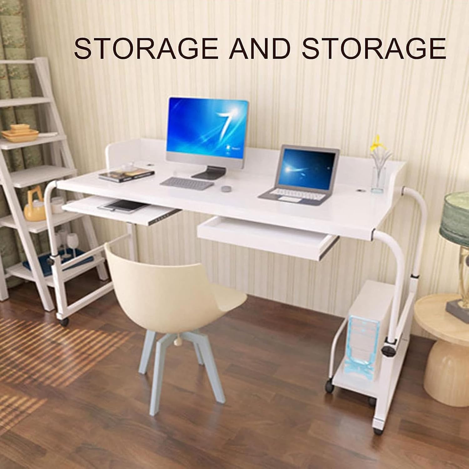 Overbed Table with Wheels, Rolling Laptop Stand Over Bed Desk, Trolley Mobile Writing Study Desk,Adjustable Length and Height Hospital Tray Table 140cm