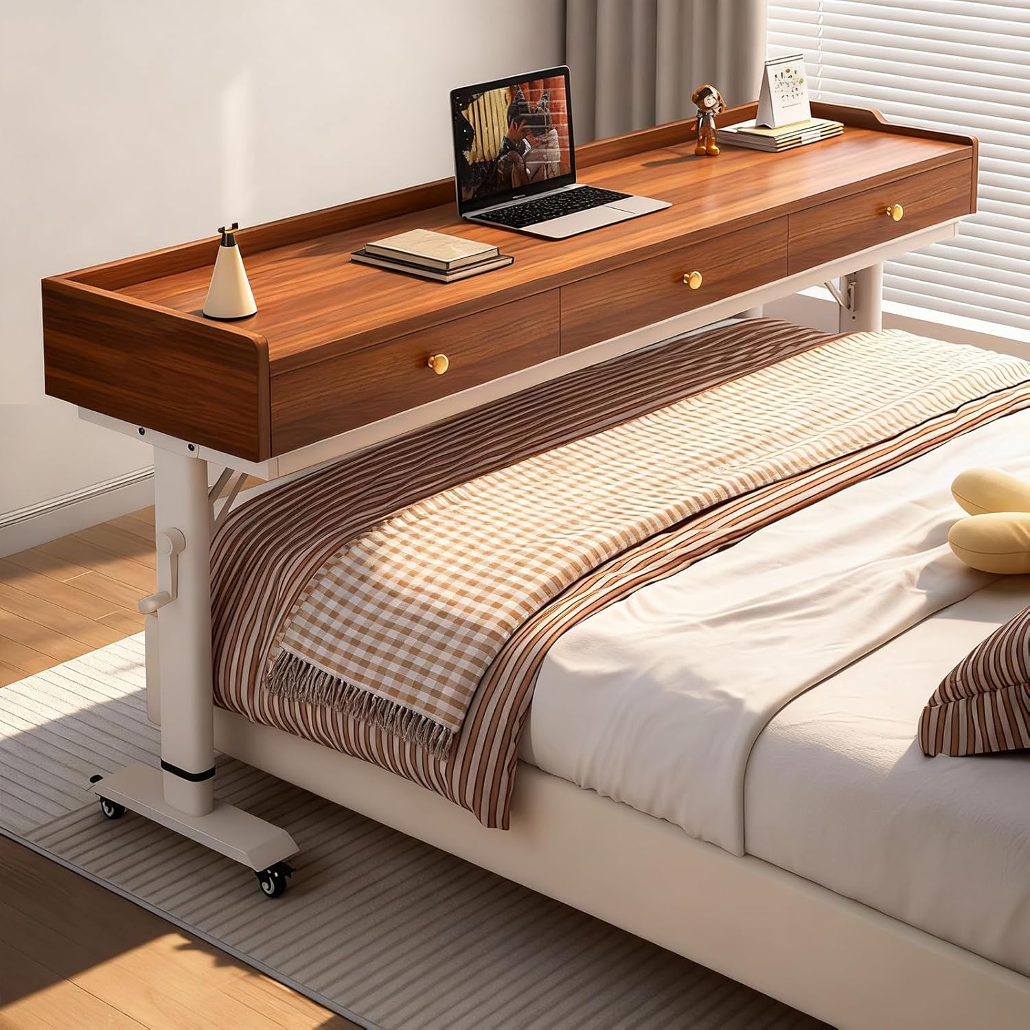 Over The Bed Desk with Wheels & Drawer, Height Adjustable Over The Bed Table, Crank Adjustment, Safety Baffle, Mobile Laptop Computer Cart for Hospital, Bedroom, Home Office Use