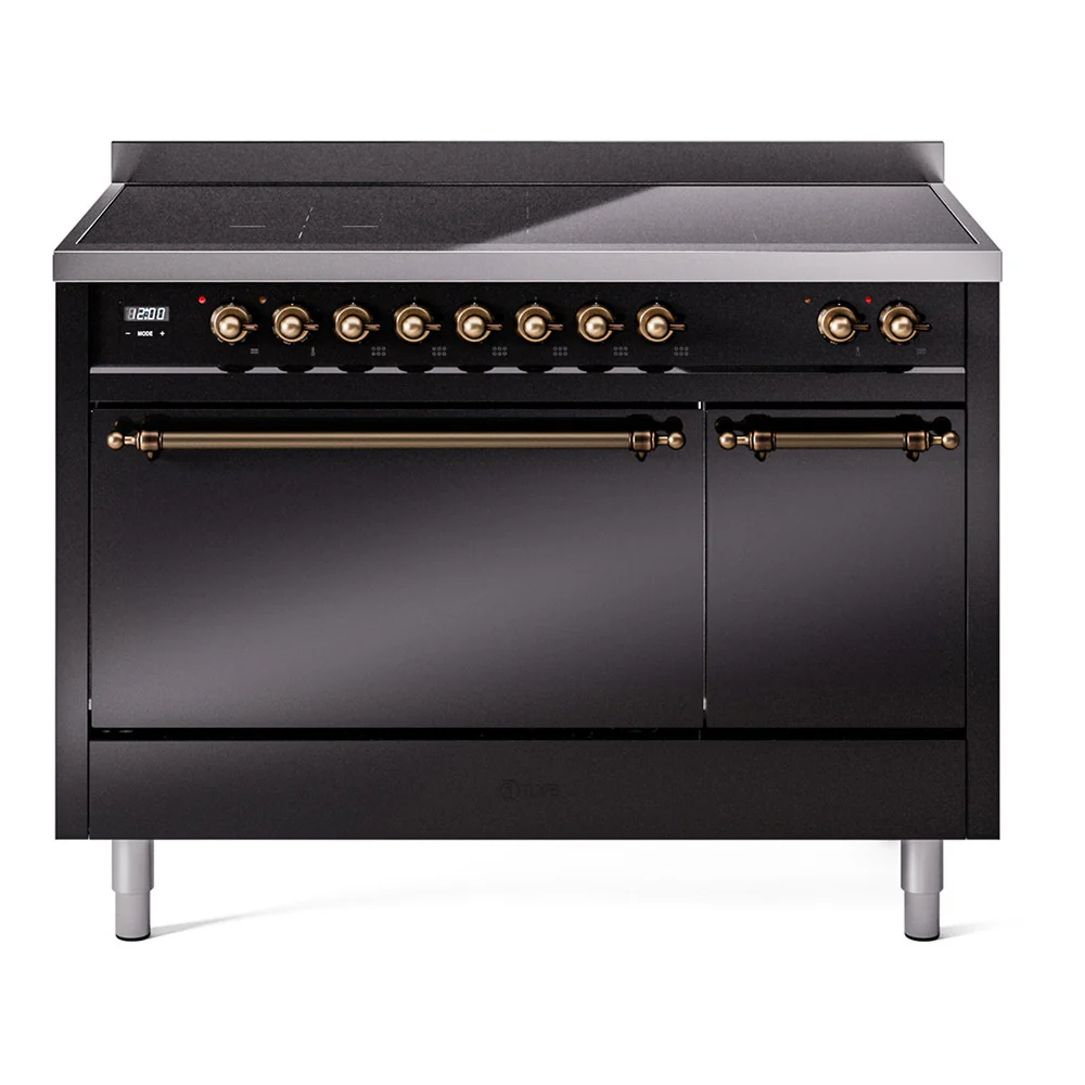 ILVE 48-Inch Nostalgie II Induction Range with Solid Door Oven in Glossy Black with Bronze Trim (UPI486QNMPBKB)