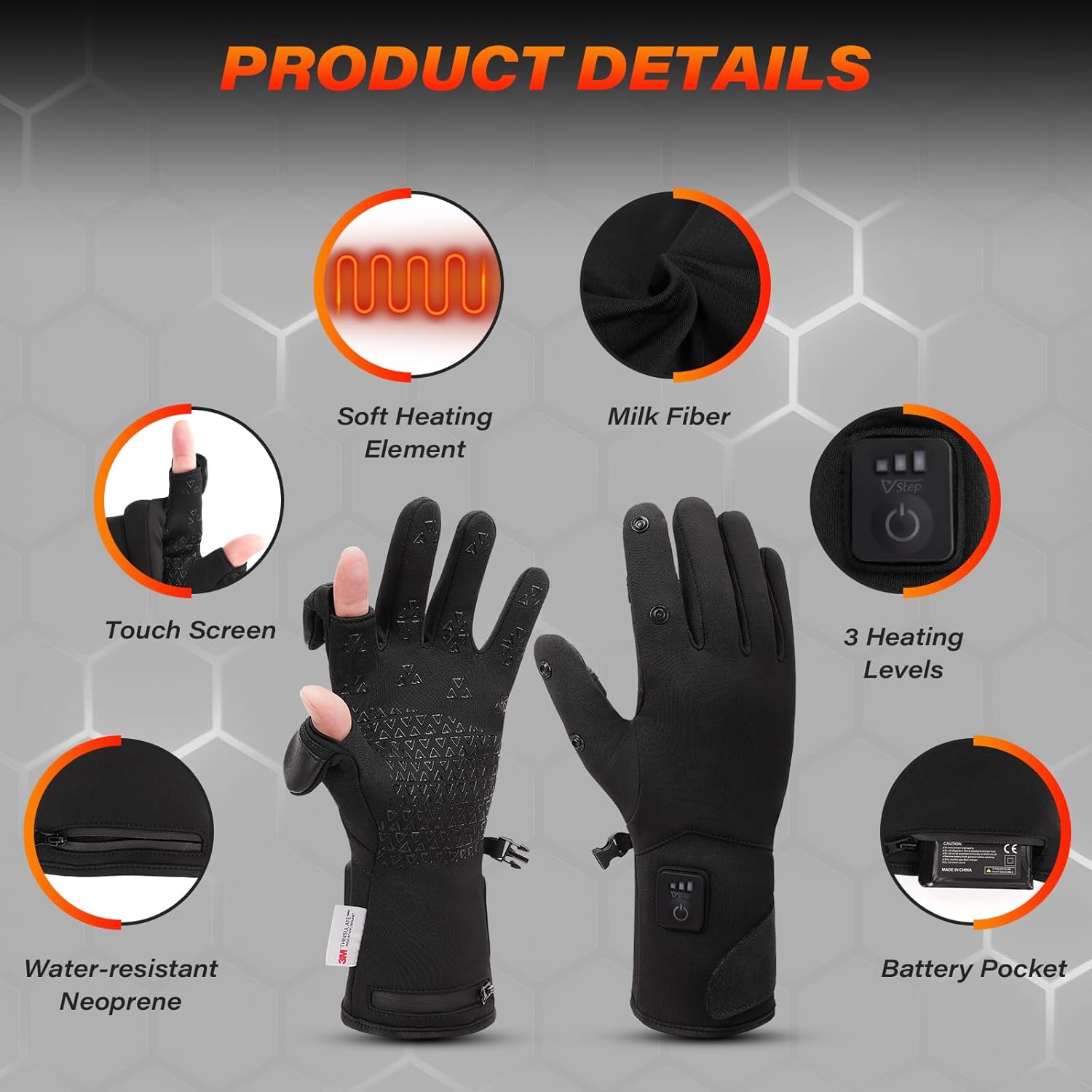 V.Step Fingerless Heated Gloves for Arthritis Relief Rechargeable Warm Gloves for Fishing Work Motorcycle Riding and Ski