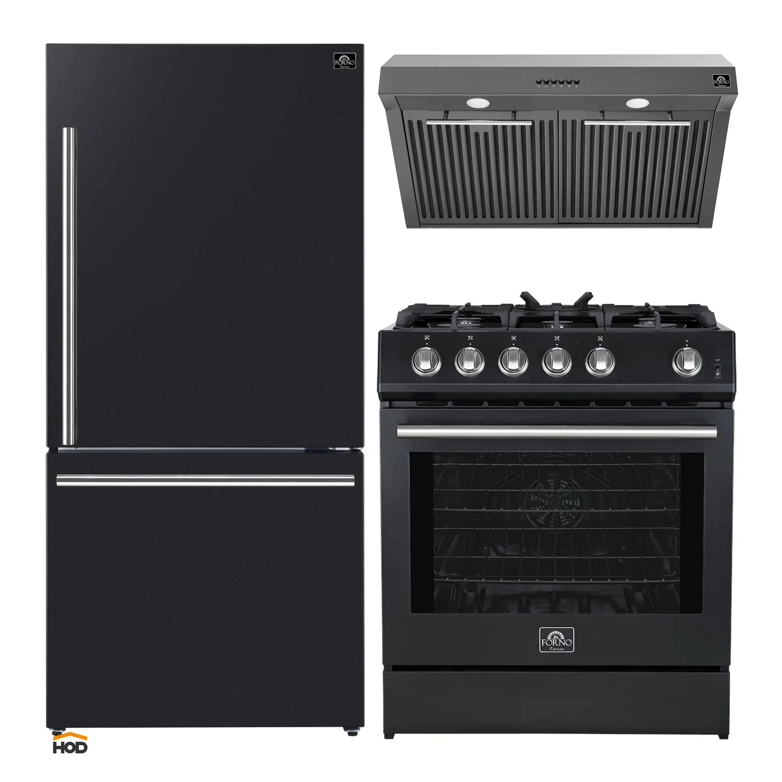 Forno 3-Piece Appliance Package - 30-Inch Gas Range, Under Cabinet Range Hood, & Refrigerator in Black with Stainless Steel Trim