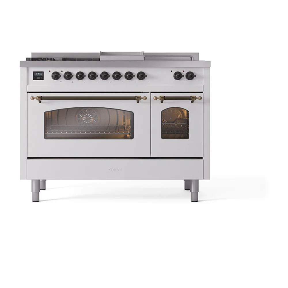 ILVE Nostalgie II 48-Inch Dual Fuel Range with 5 Burners, Griddle, & French Top with Triple Glass Door Oven in White with Bronze Trim (UP48FSNMPWHB)