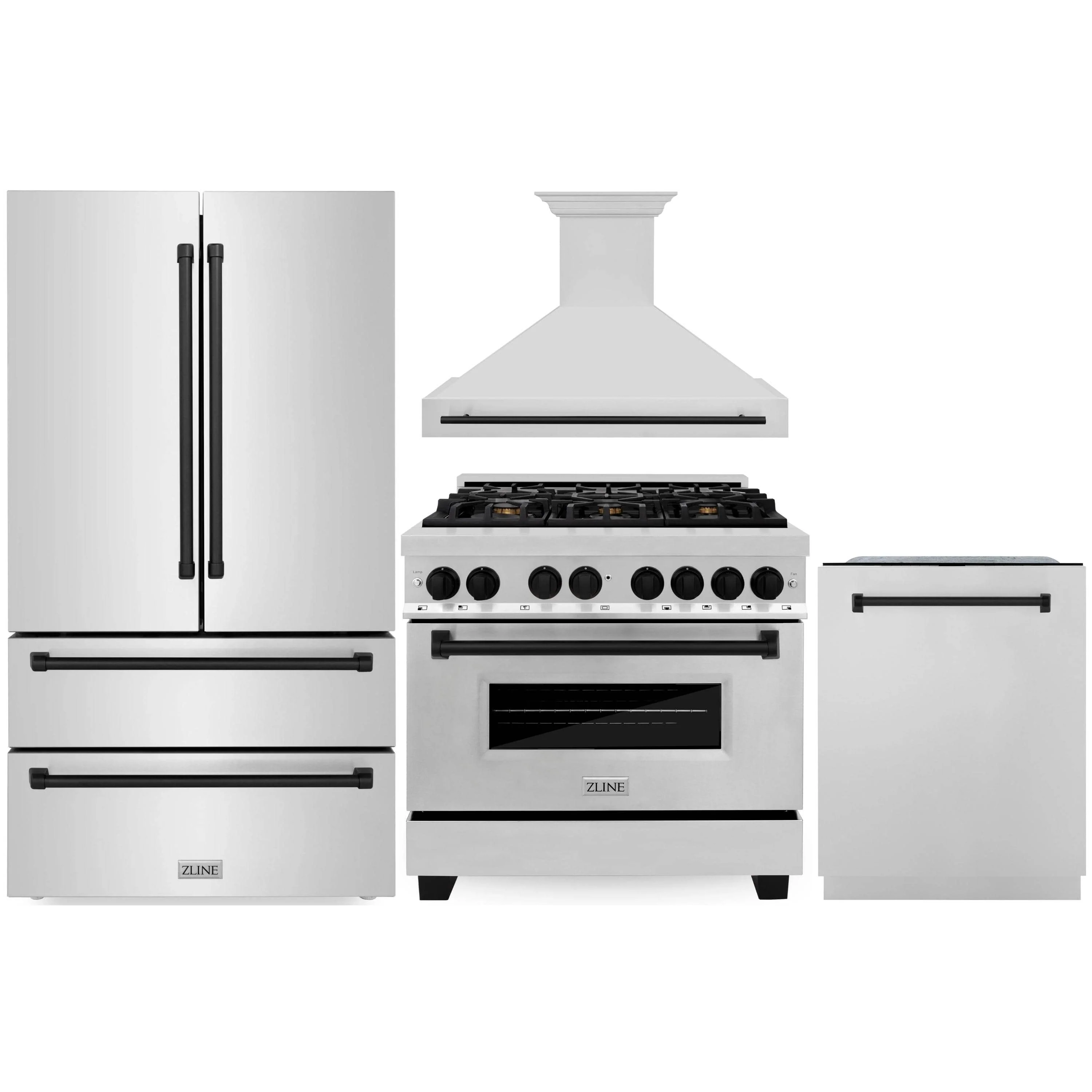 ZLINE Autograph Edition 4-Piece Appliance Package - 36-Inch Dual Fuel Range, Refrigerator, Wall Mounted Range Hood, & 24-Inch Tall Tub Dishwasher in Stainless Steel with Matte Black Trim (4KAPR-RARHDWM36-MB)
