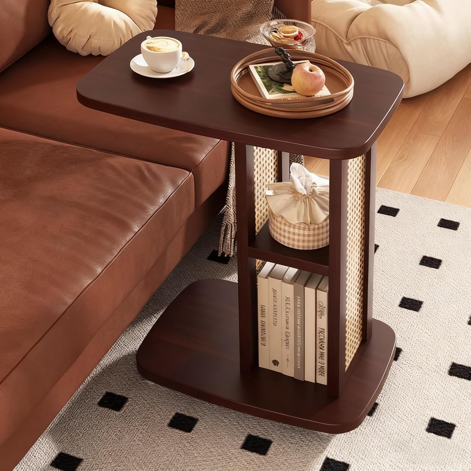 PAKMEZ Overbed Bedside Table with Hidden Casters, Computer Cart, Side Workstation, 3 Layers Standing Desk, Ergonomic Overbed, for Bedroom on Hospital Home Use