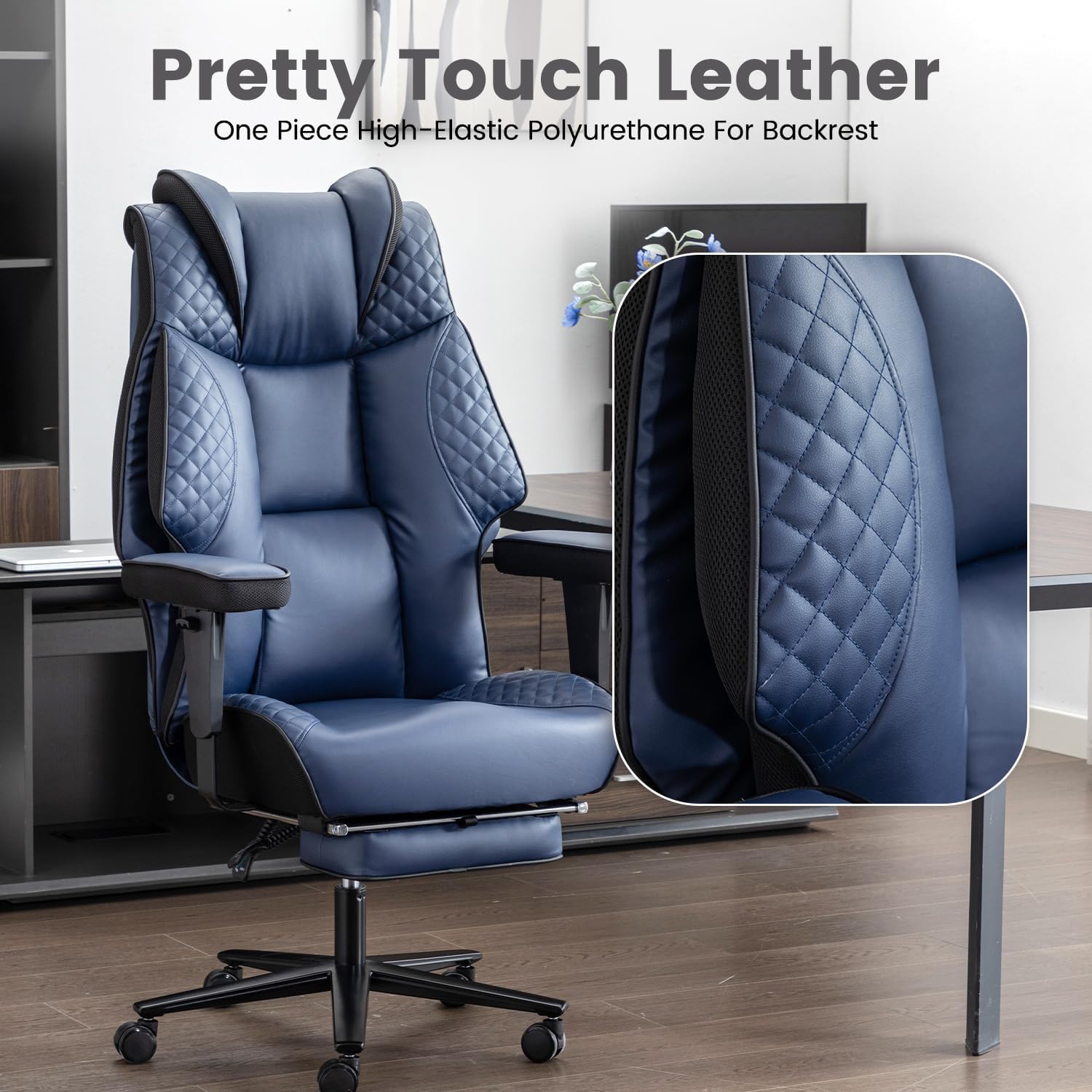 Big and Tall Office Chair 500lbs, Heavy Duty Executive Office Chair with Foot Rest, High Back Leather Adjustable Arm Rest,Ergonomic Lumbar Support Wheels(Navy Blue)