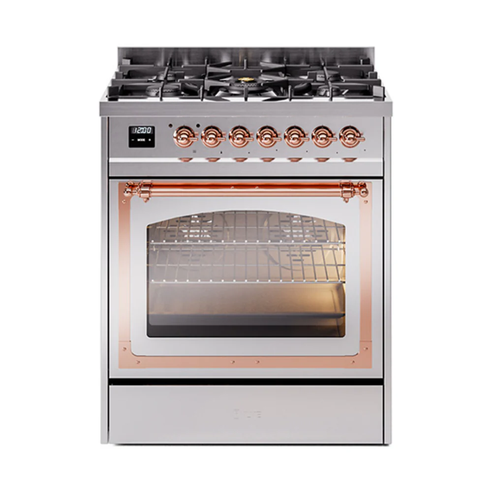 ILVE Nostalgie II Noblesse 30-Inch Dual Fuel Range with Triple Glass Door in Stainless Steel with Copper Trim (UN30NMPSSP)