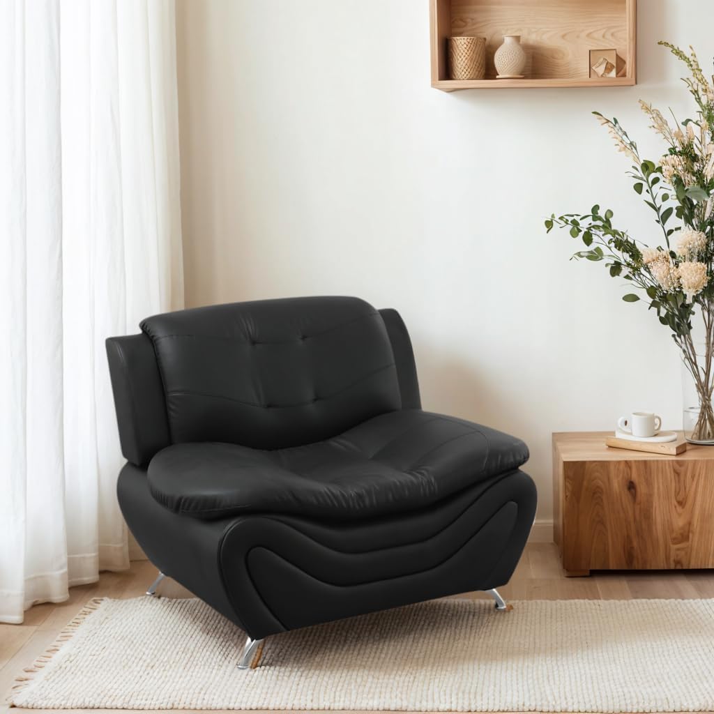Leather Living Room Sofa Set, Equipped with Metal Leg Support Pillow Top Armrests, Perfect for Living Rooms, Offices, and Lounges (A-Black, Chair)