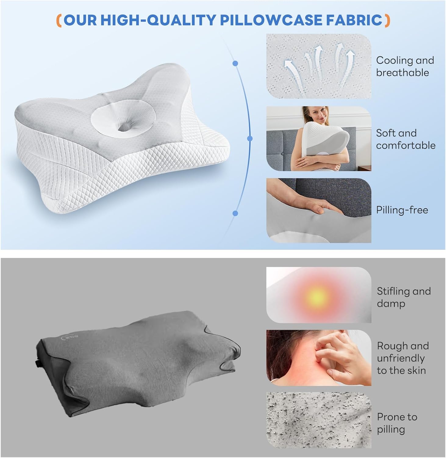 DUMOS Cervical Neck Pillow Set of 2, Cooling Memory Foam Contour Pillow with Arm Rest Slot and Ice Silk Pillowcase, Ergonomic Dual-Height Orthopedic Support for Side, Back, and Stomach Sleepers, Grey