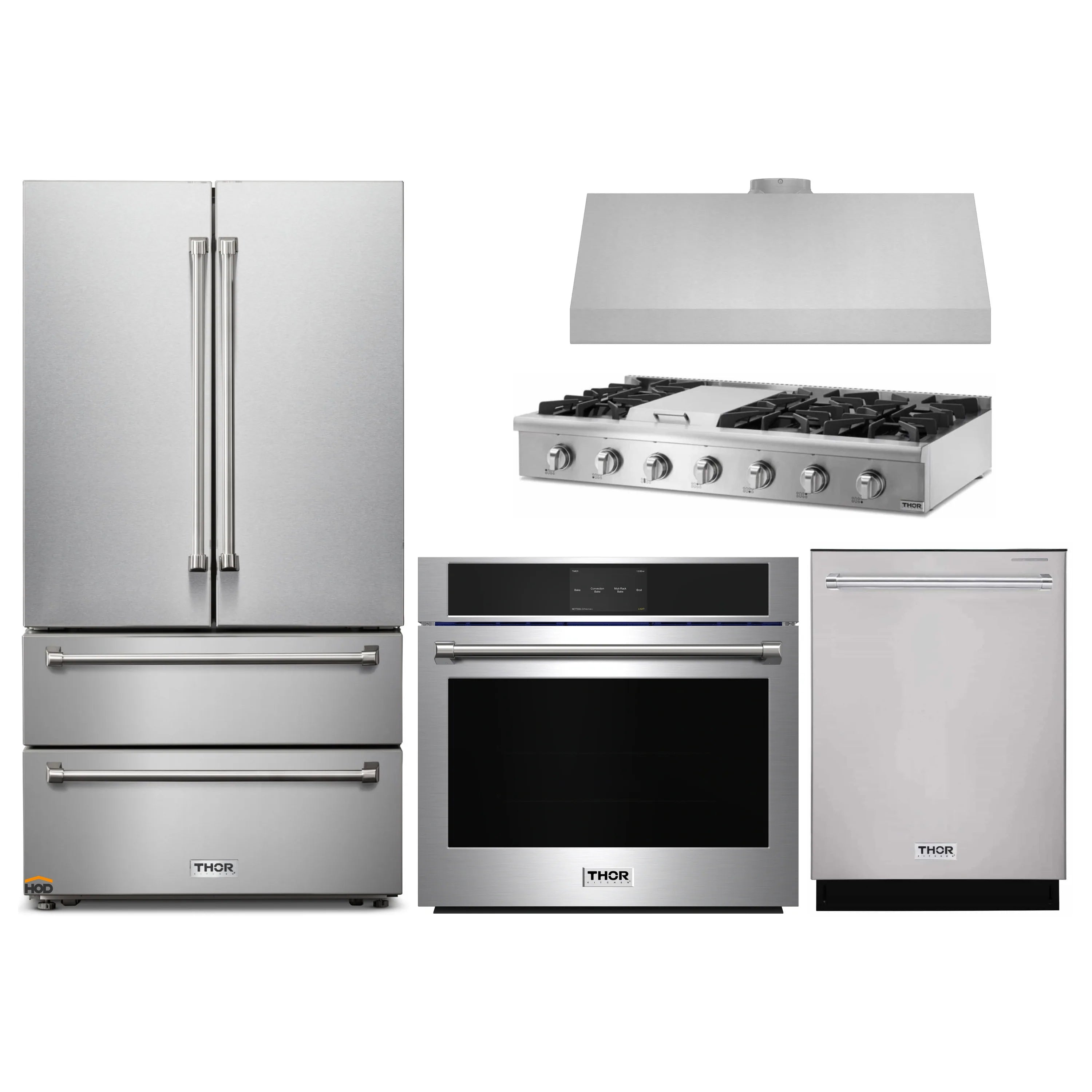 Thor Kitchen 5-Piece Pro Appliance Package - 48-Inch Rangetop, Electric Wall Oven, Under Cabinet 11-Inch Tall Hood, Dishwasher & Refrigerator in Stainless Steel