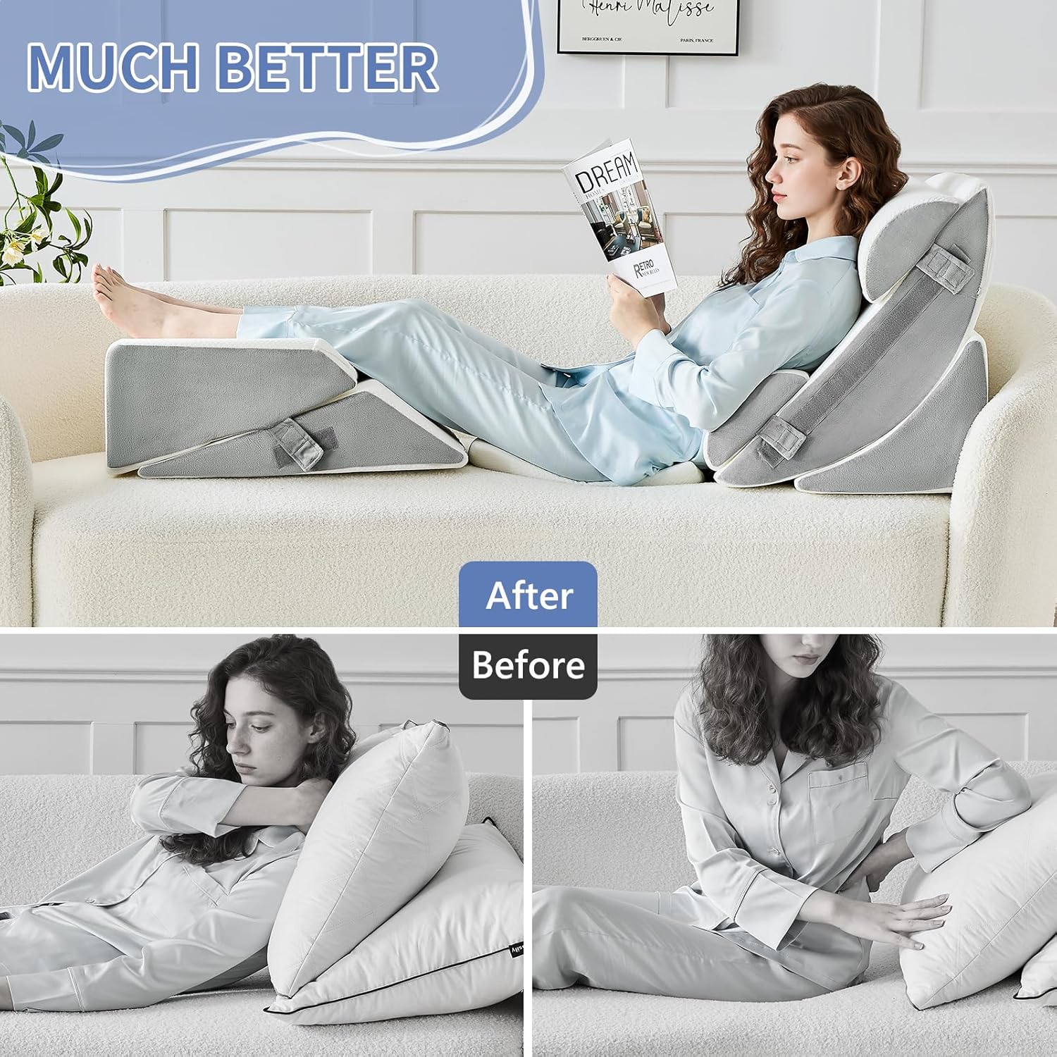 9PCS Wedge Pillow Set for After Surgery Recovery, Adjustable Memory Foam Neck Pillow, Foam Leg Pillow, Relieves Neck, Leg Pain, Sleep Apnea, and Functions as a Reading Pillow, Gray