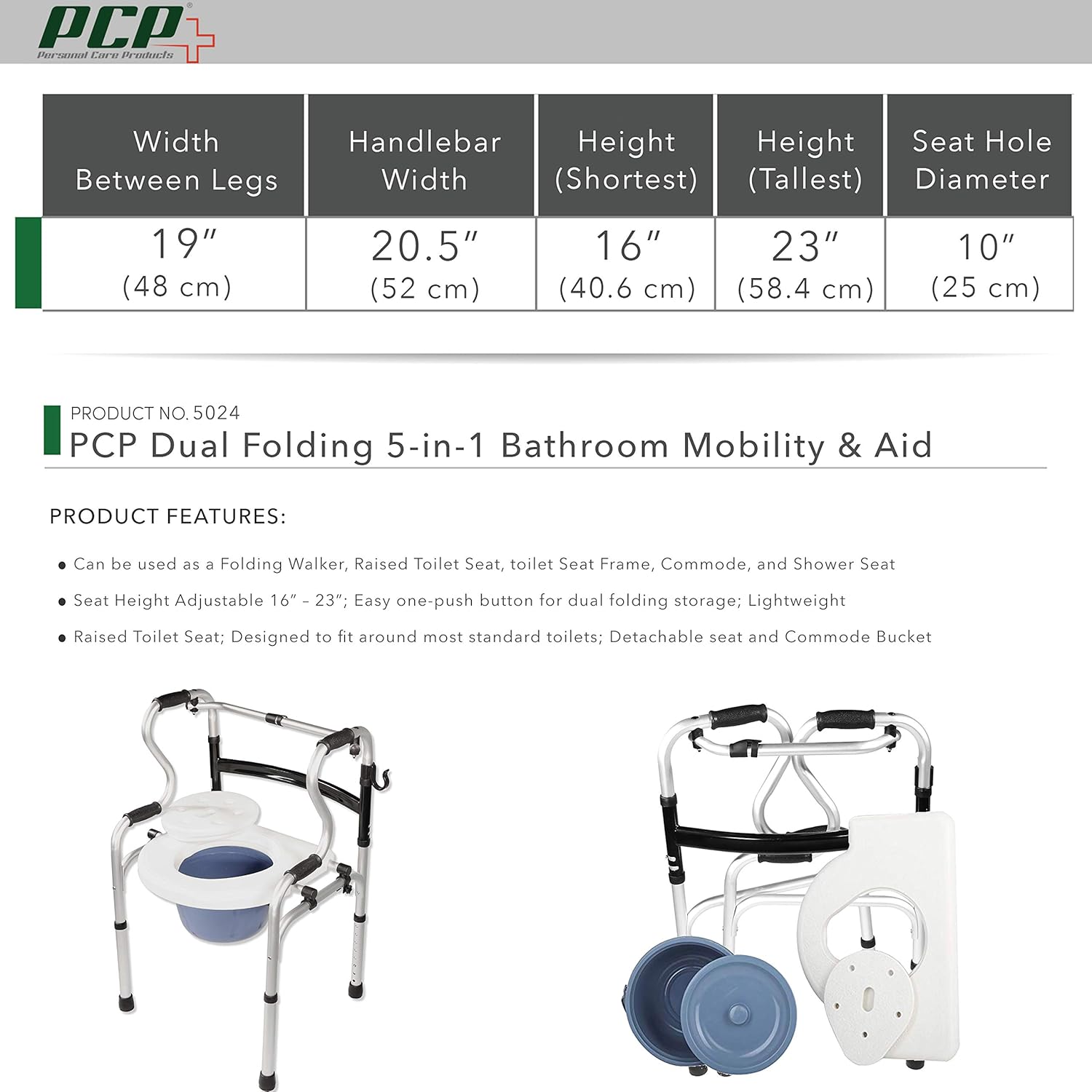PCP Dual Folding 5-in-1 Bathroom Mobility & aid Commode Walker seat, Height Adjustable Daily Living aid, Regular