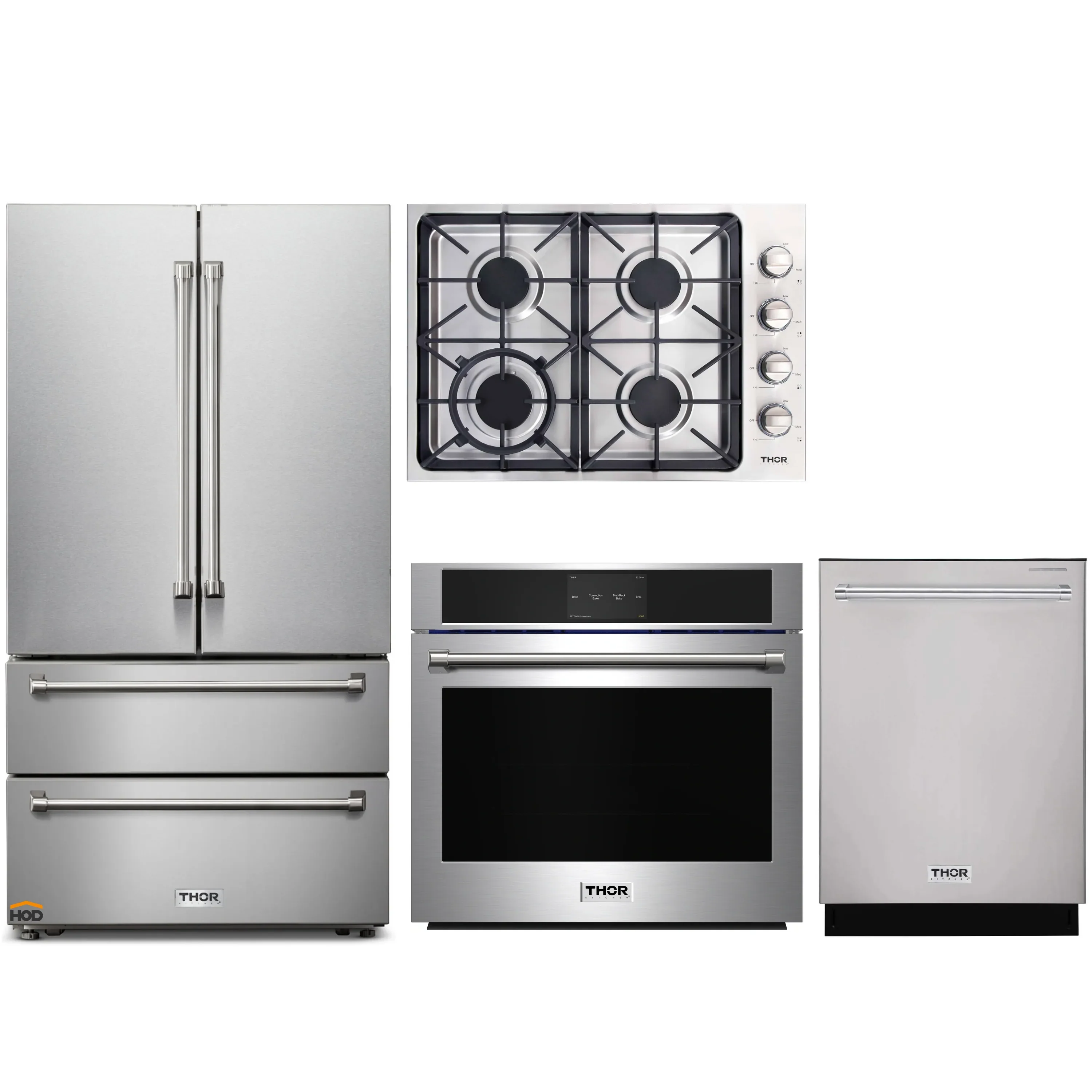 Thor Kitchen 4-Piece Pro Appliance Package - 30-Inch Gas Cooktop, Electric Wall Oven, Dishwasher & Refrigerator in Stainless Steel