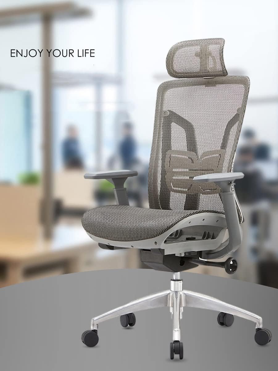 Office Chairs, Ergonomic Office Chair with Adjustable Headrest, Computer Desk Chair with Armrests and Lumbar Support (Grey)