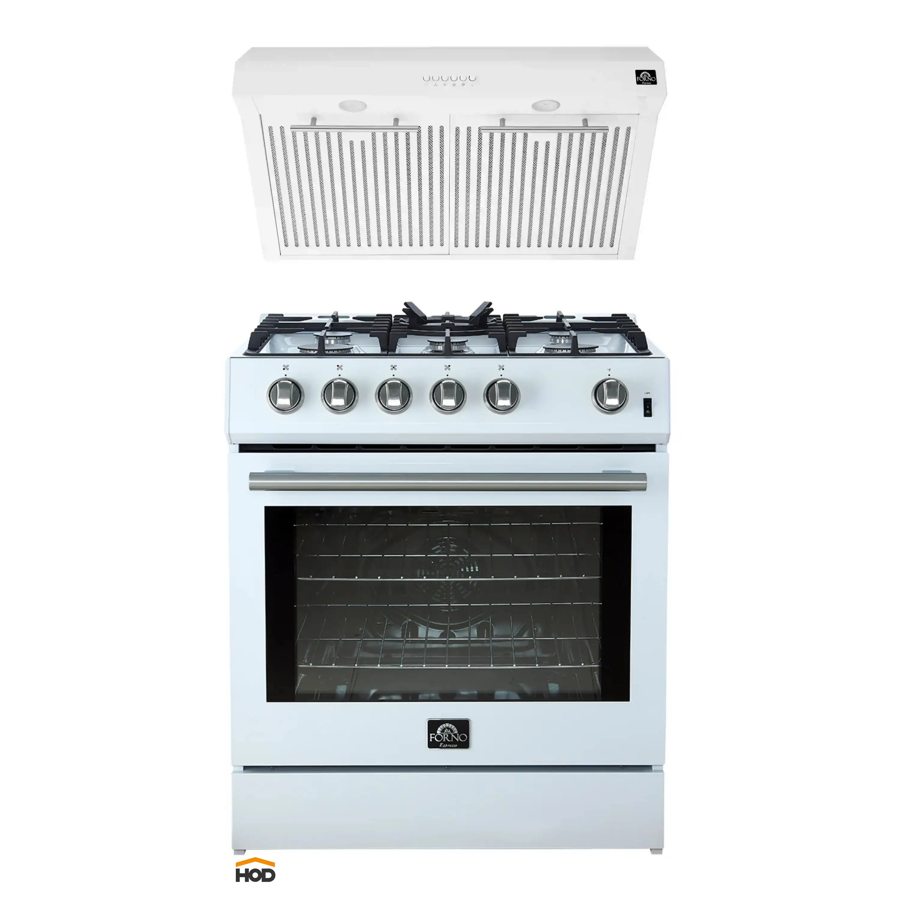 Forno 2-Piece Appliance Package - 30-Inch Gas Range & Under Cabinet Range Hood in White with Stainless Steel Trim