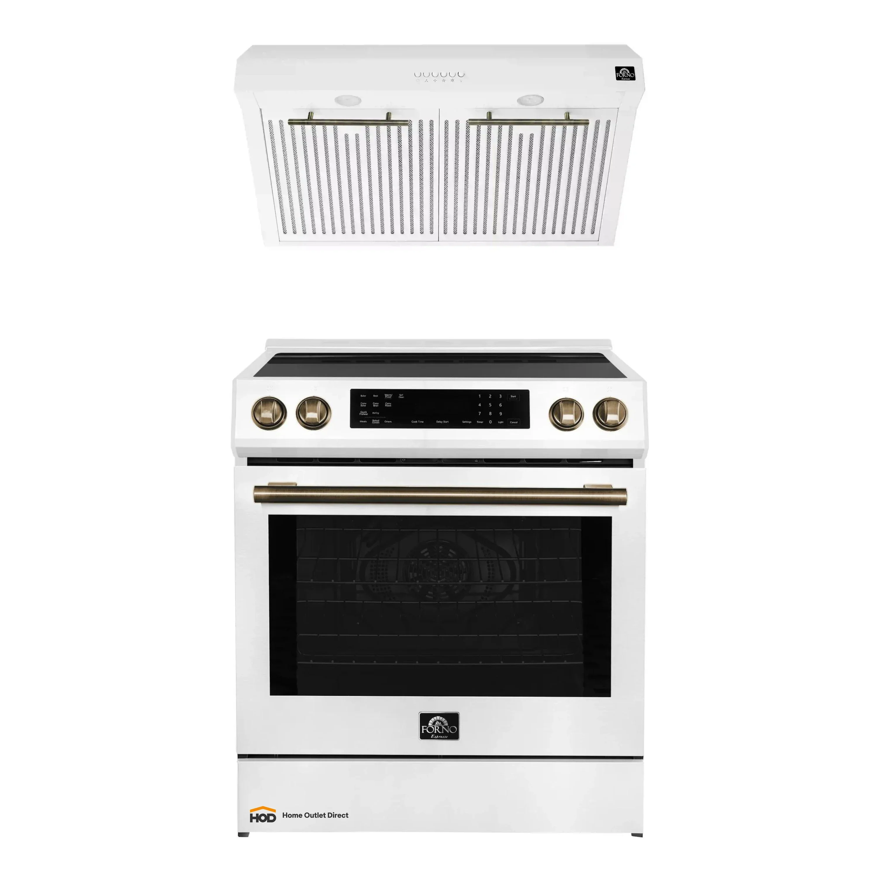 Forno Espresso 2-Piece Appliance Package - 30-Inch Induction Range and Under Cabinet Range Hood in White with Antique Antique Brass Trim