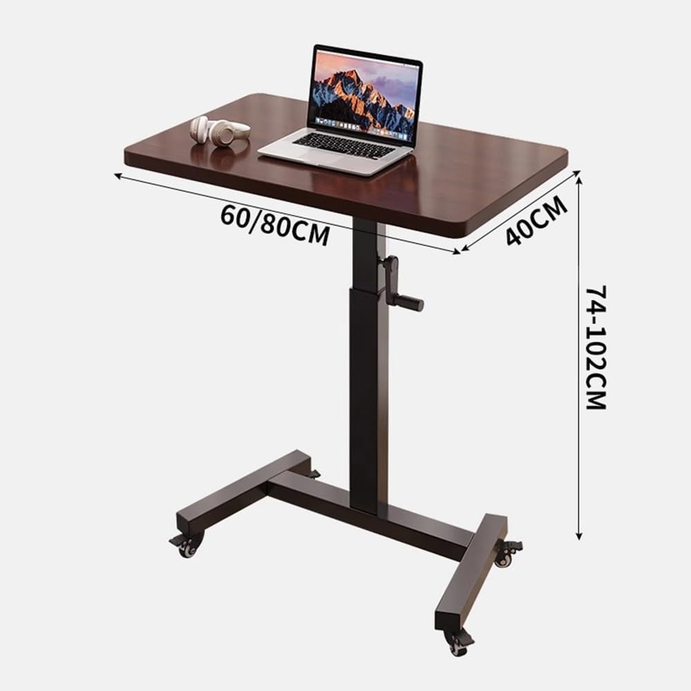Laptop Desk Mobile Overbed Table with Wheels Bed Table Adjustable Height 74cm-102cm Standing Desk for Bed Sofa Bedside Tables(Walnut Color+White Frame,80x40cm)
