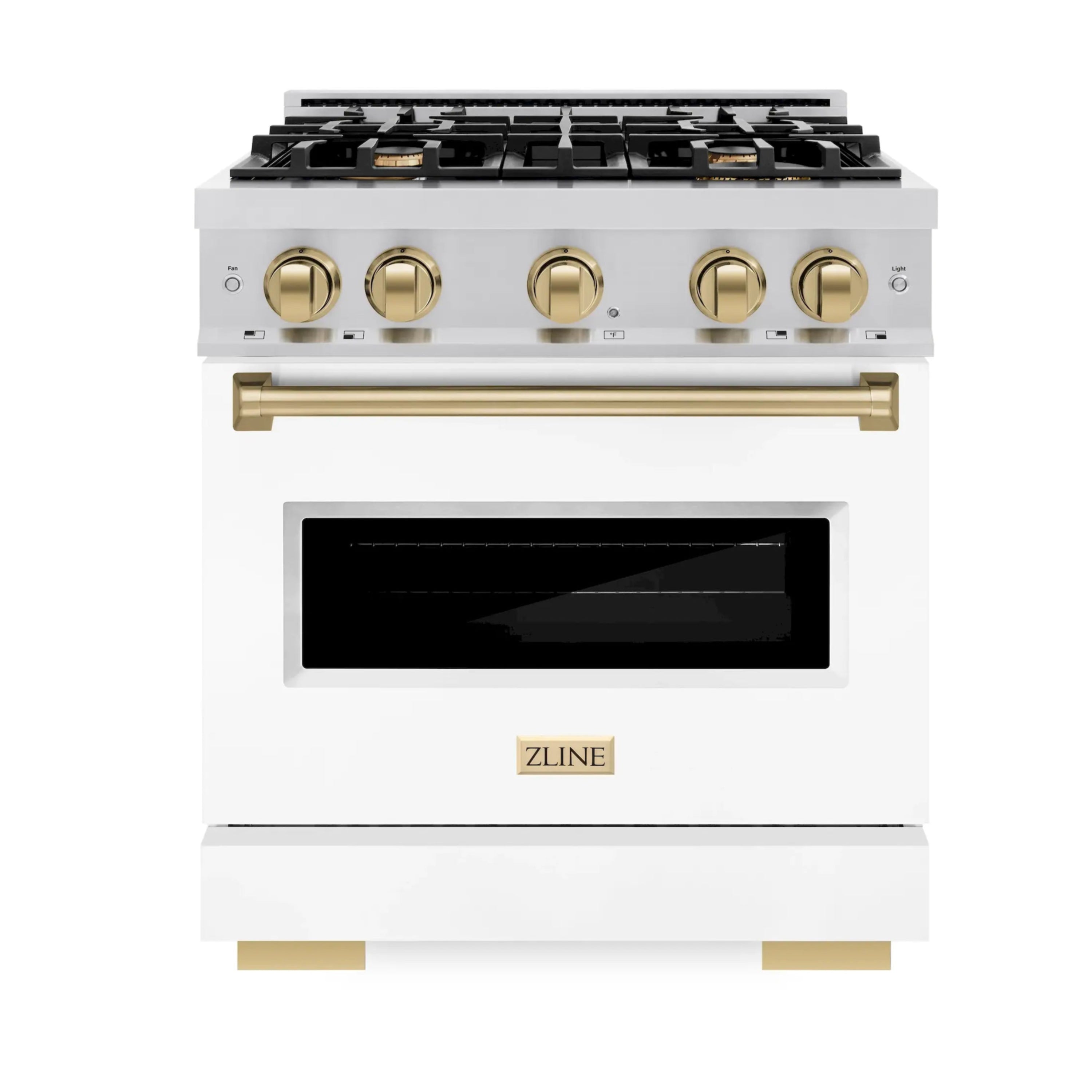 ZLINE Autograph Edition 30-Inch Classic Series Dual Fuel Range with 4 Gas Burner Cooktop and 4.2 Cu. Ft. Electric Convection Oven in Stainless Steel with White Matte Door and Champagne Bronze Accents (CDRZ-WM-30-CB)