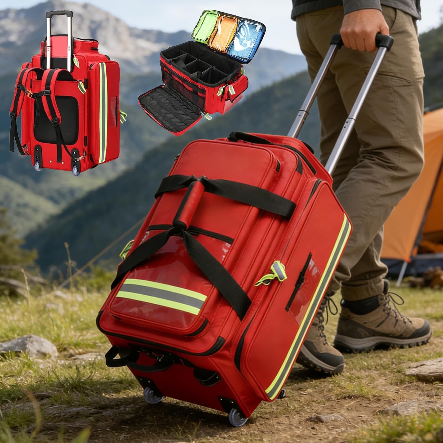 Large Capacity Medical Trolley Bag, Portable Outdoor Emergency Duffle Bag, First Responder First Aid Kit, with Wheels&Compartments, Reflective Strips/High Visibility, for Travel, Camping, and Hiking
