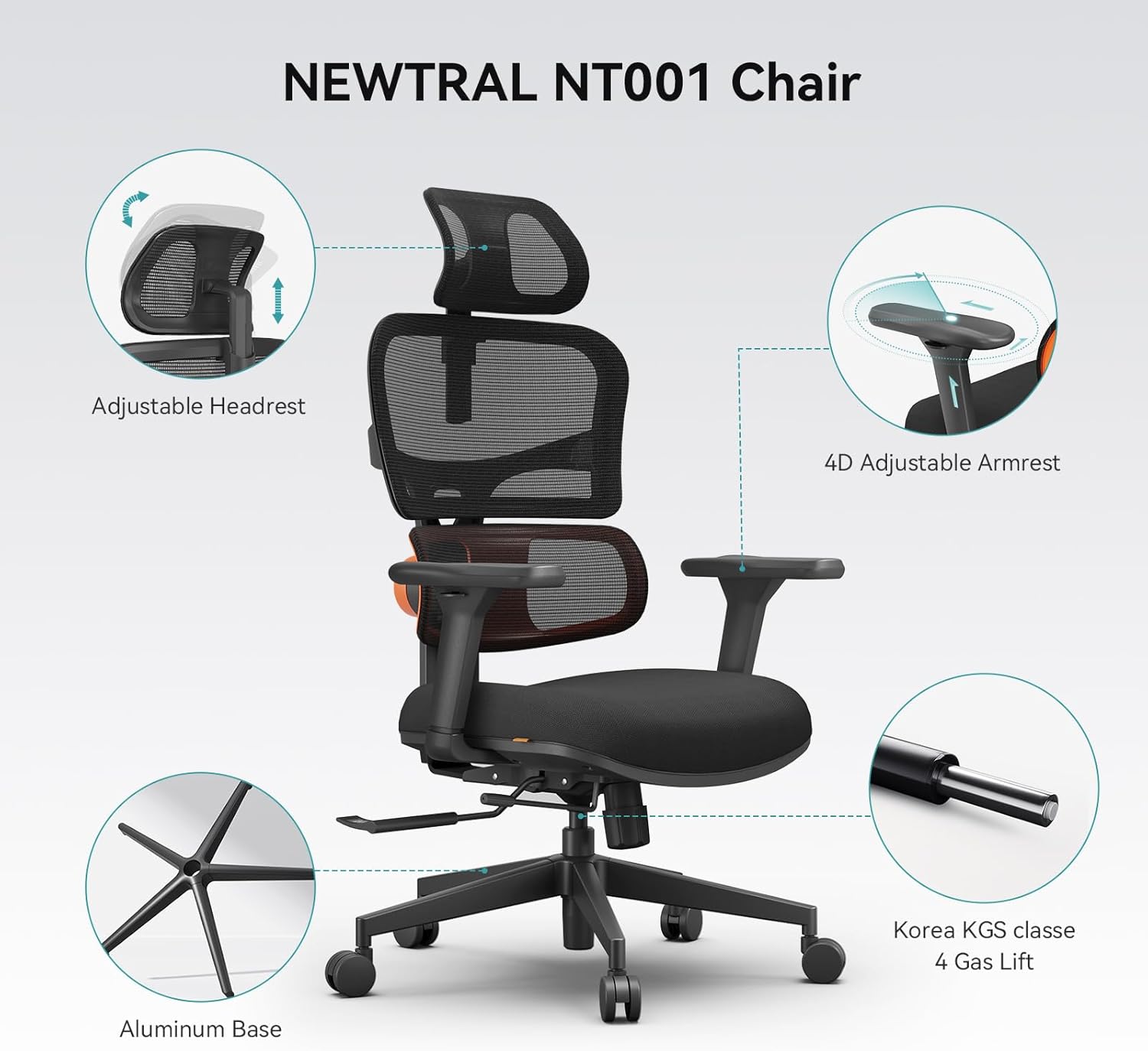 Newtral Office Chair Ergonomic - Home Office Desk Chair, Back Pain Chair with Auto-Following Lumbar Support, 4D Armrest, Seat Depth and Height Adjustable (No Foot Rest, Black)