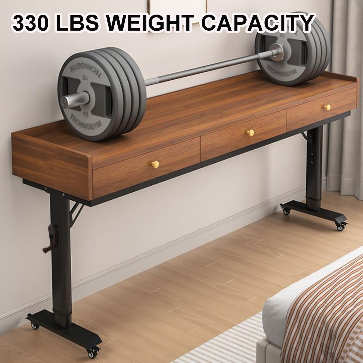 Over The Bed Desk with Wheels & Drawer, Height Adjustable Over The Bed Table, Crank Adjustment, Safety Baffle, Mobile Laptop Computer Cart for Hospital, Bedroom, Home Office Use