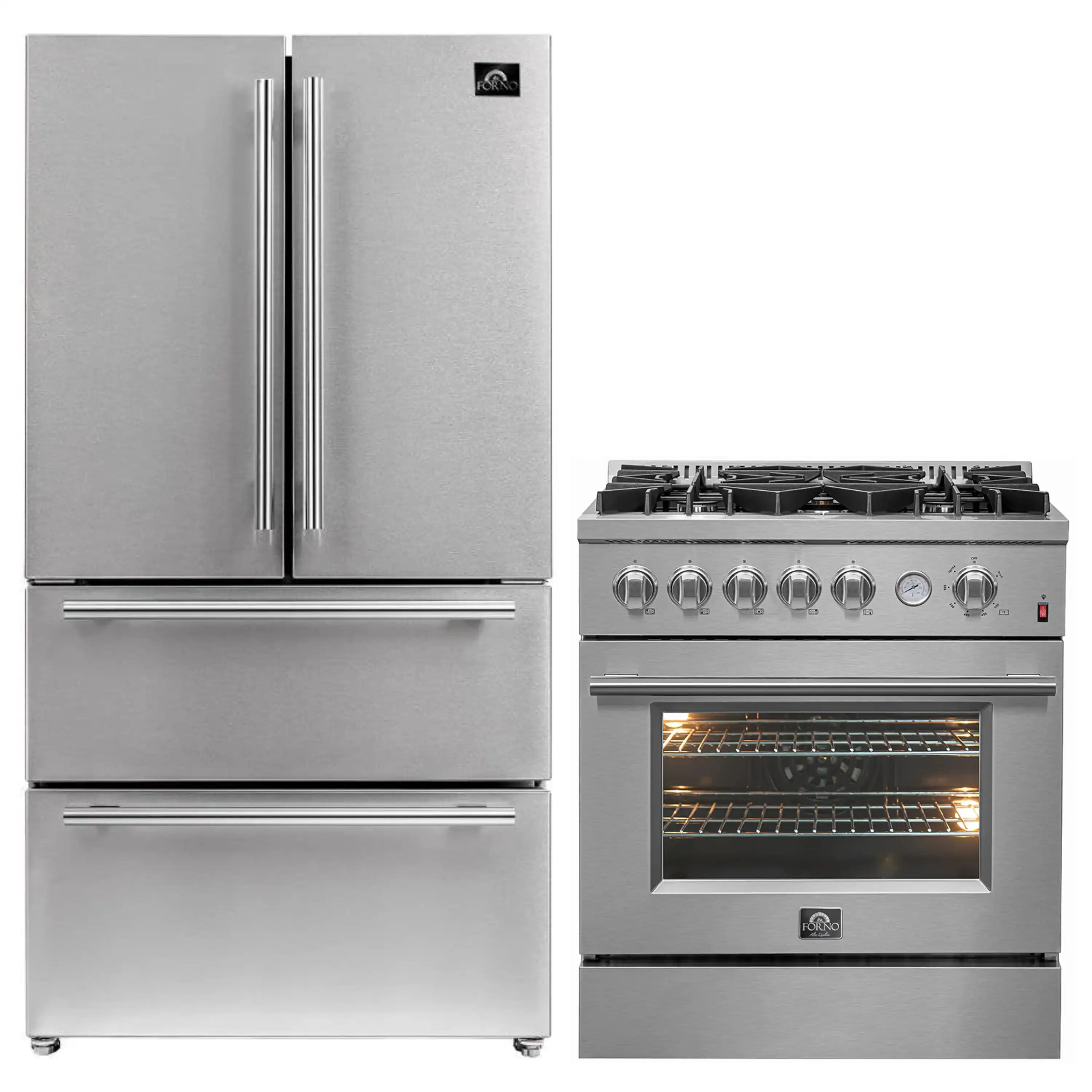 FORNO 2-Piece Appliance Package- 30-Inch Gas Range and 36-Inch French Door Refrigerator in Stainless Steel (FBDL-020-02-US)