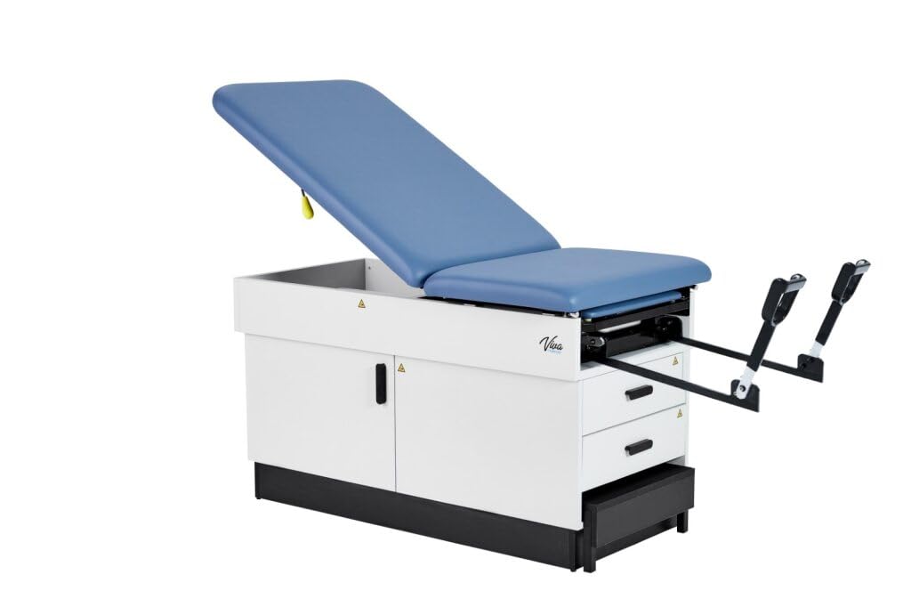 Slim Line Medical Exam Table with Stirrups, Blue, 420 lbs Weight Capacity